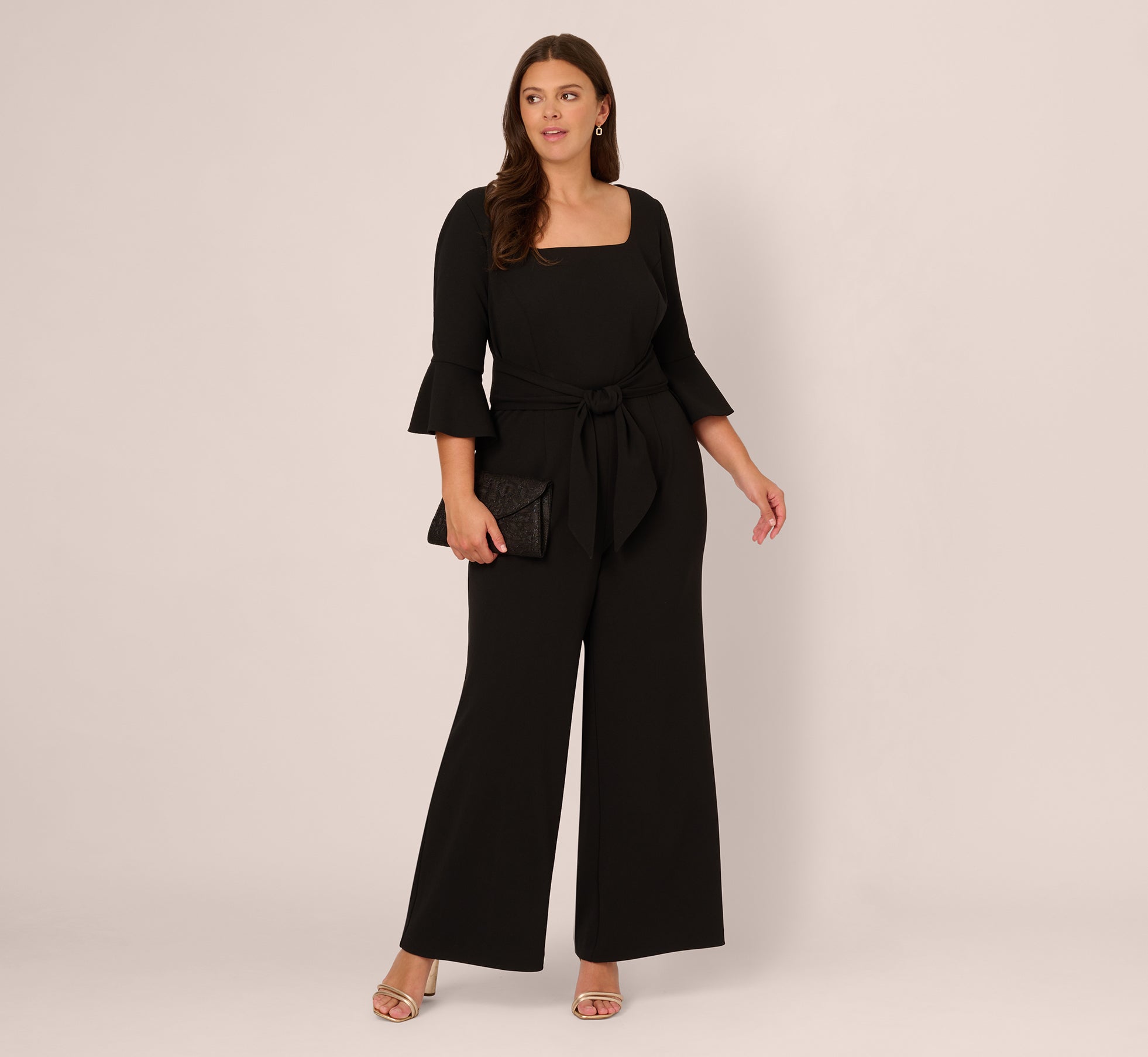 Plus Size Knit Crepe Wide Leg Jumpsuit With Bell Sleeves In Black、mySite、solidvoid