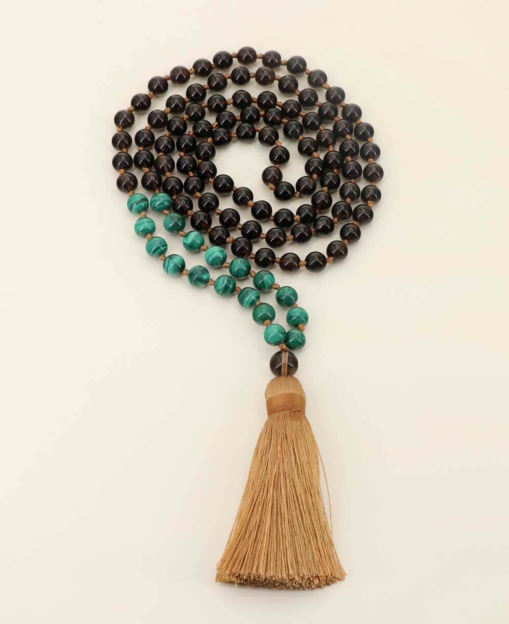 Malachite and Smoky Quartz Beads Meditation Knotted Mala、mySite、topwebapps