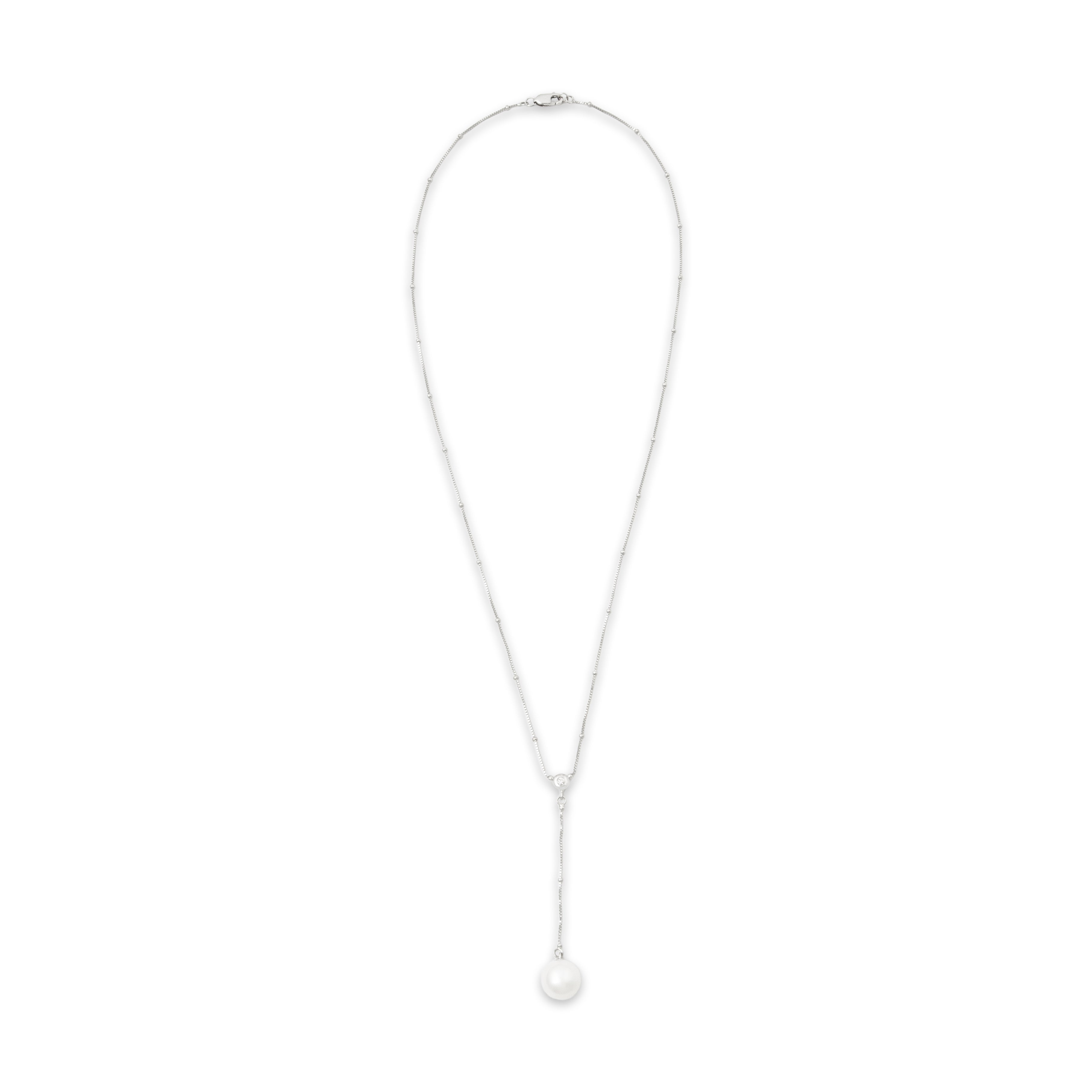 Vintage 14k White Gold Pearl Diamond Elegant Box Chain Drop Necklace 17、mySite、hinf8tx79