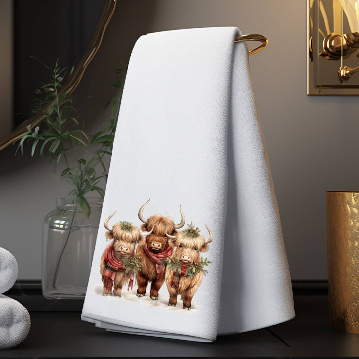 Highland Cows Holiday Terry Cloth Hand Towel、mySite、g9winljtr