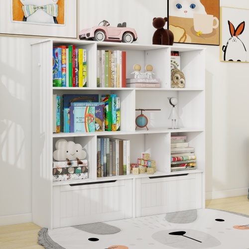 Toy Storage Organizer with 2 Movable Drawers, Multi-Functional 7 Shelf Kids Bookcase with 2 Hooks, Children Book Shelf for Kids Room, Nursery Storage Book Rack for Playroom, Classroom-White、、casual