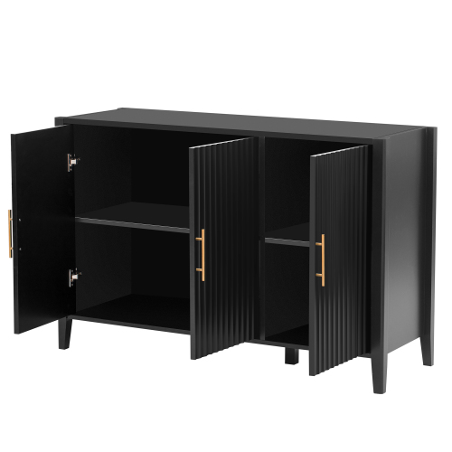 U_Style 63.1''Modern 4-Vertical Wavy Slatted Doors Sideboard,Storage Cabinet With Elegant Design, Solid Wood Legs with Painted,Metal Handles,for Dining Room,Living Room, Kitchen, or Entryway(Black)、、casual