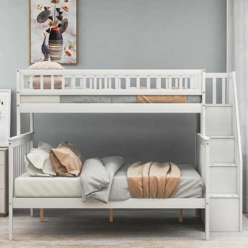 Twin over Full Stairway Bunk Bed with Storage, Gray、、casual