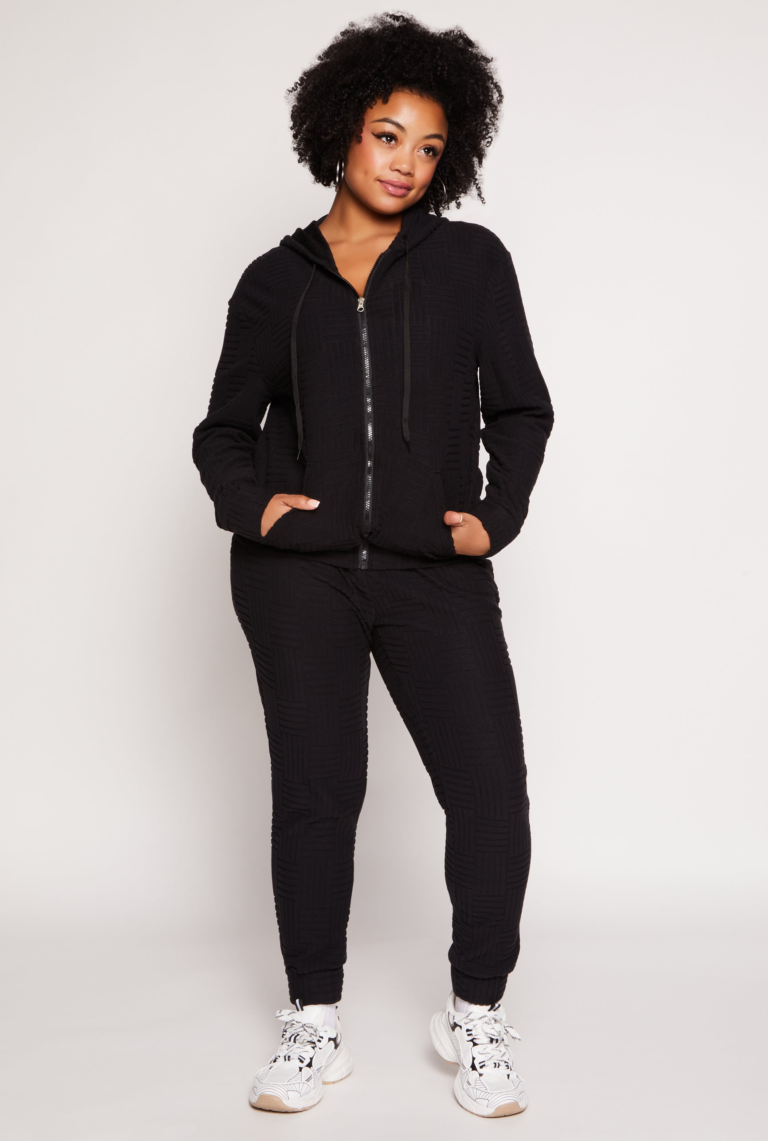 Plus Size Textured Knit Hooded Sweatshirt、mySite、camillekostekn