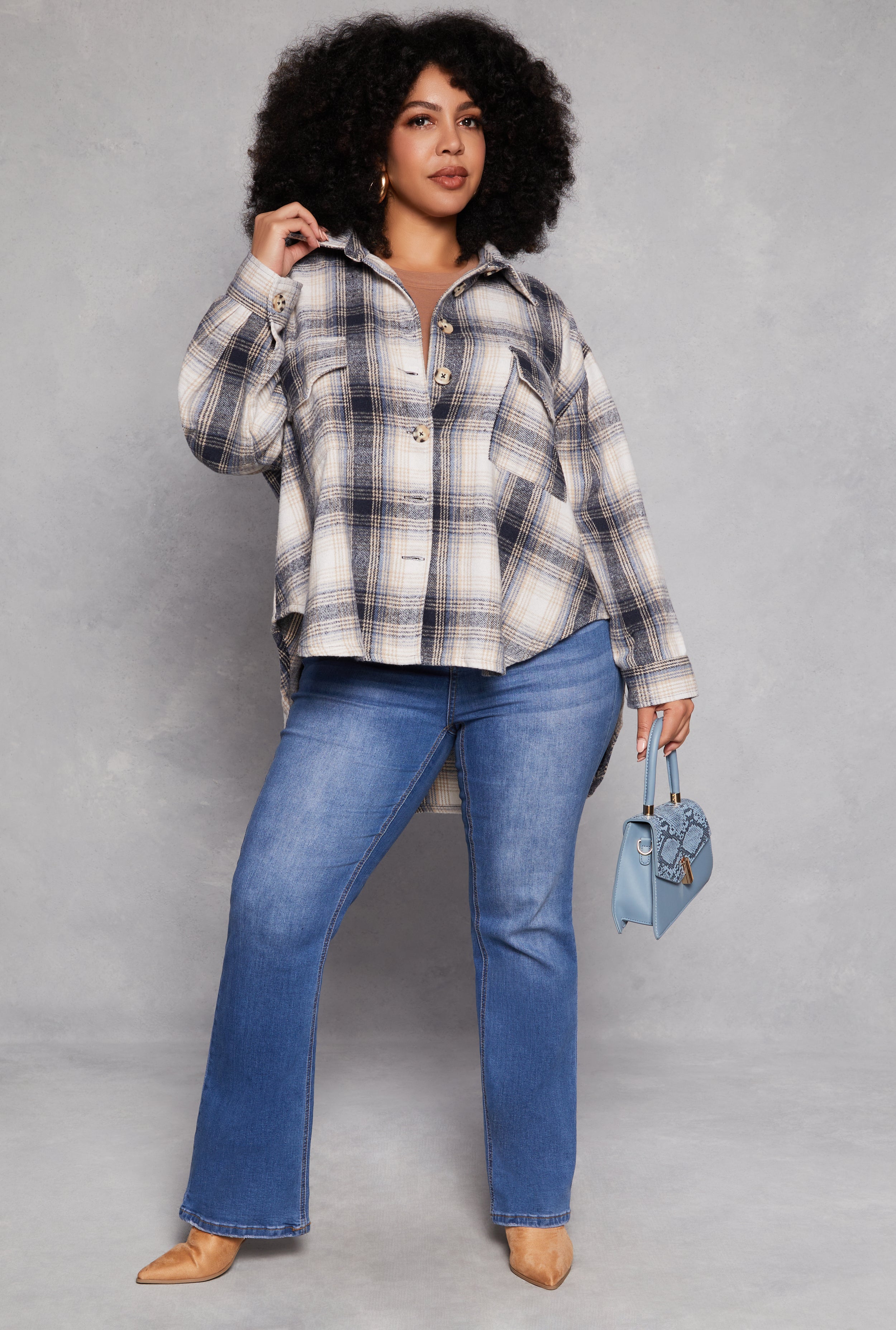 Plus Size High Low Plaid Shacket、mySite、camillekostekn