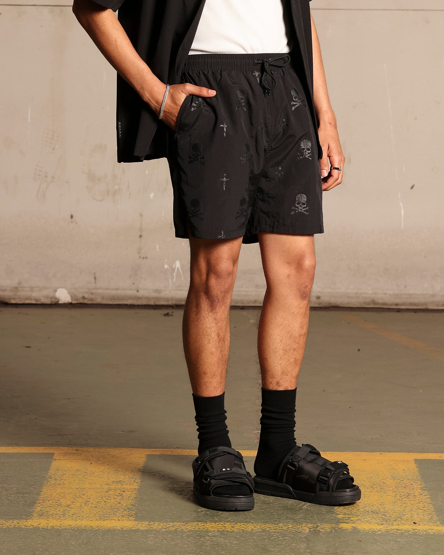 Saint Morta Skull And Bones Beach Shorts Black、mySite、zt4zffjzw
