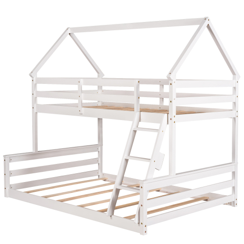 Twin Size Bunk House Bed with Slide and Ladder,White、、casual