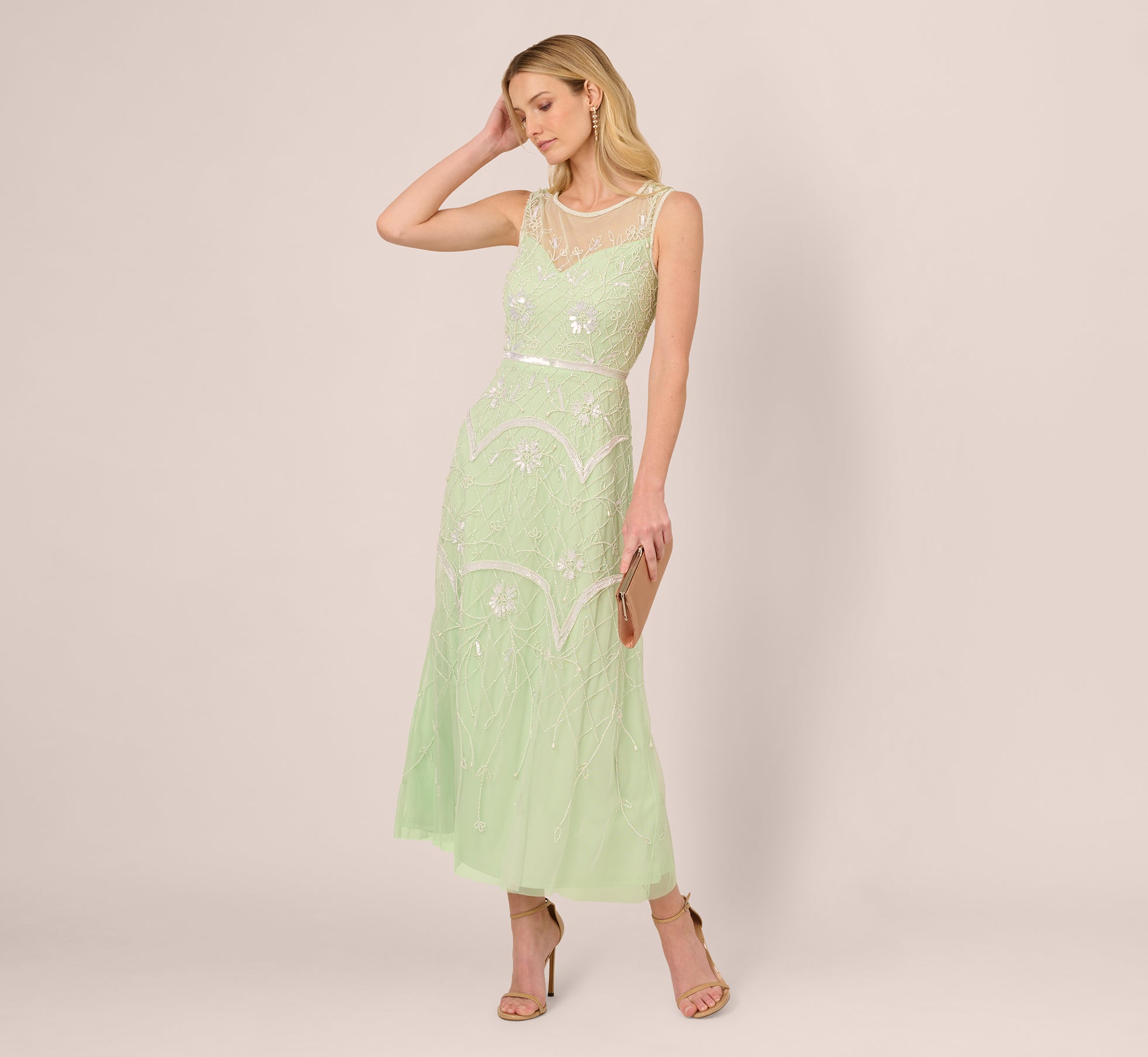 Beaded Ankle-Length Dress With Sheer Neckline In Aloe Mist Ivory、mySite、solidvoid