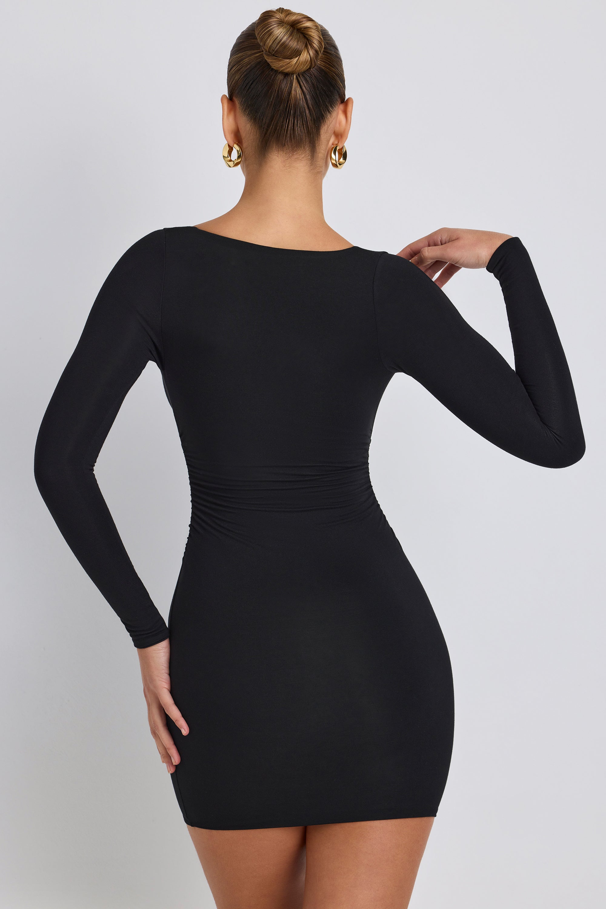 Modal Ruched Long-Sleeve Mini Dress in Black、mySite、solidvoid