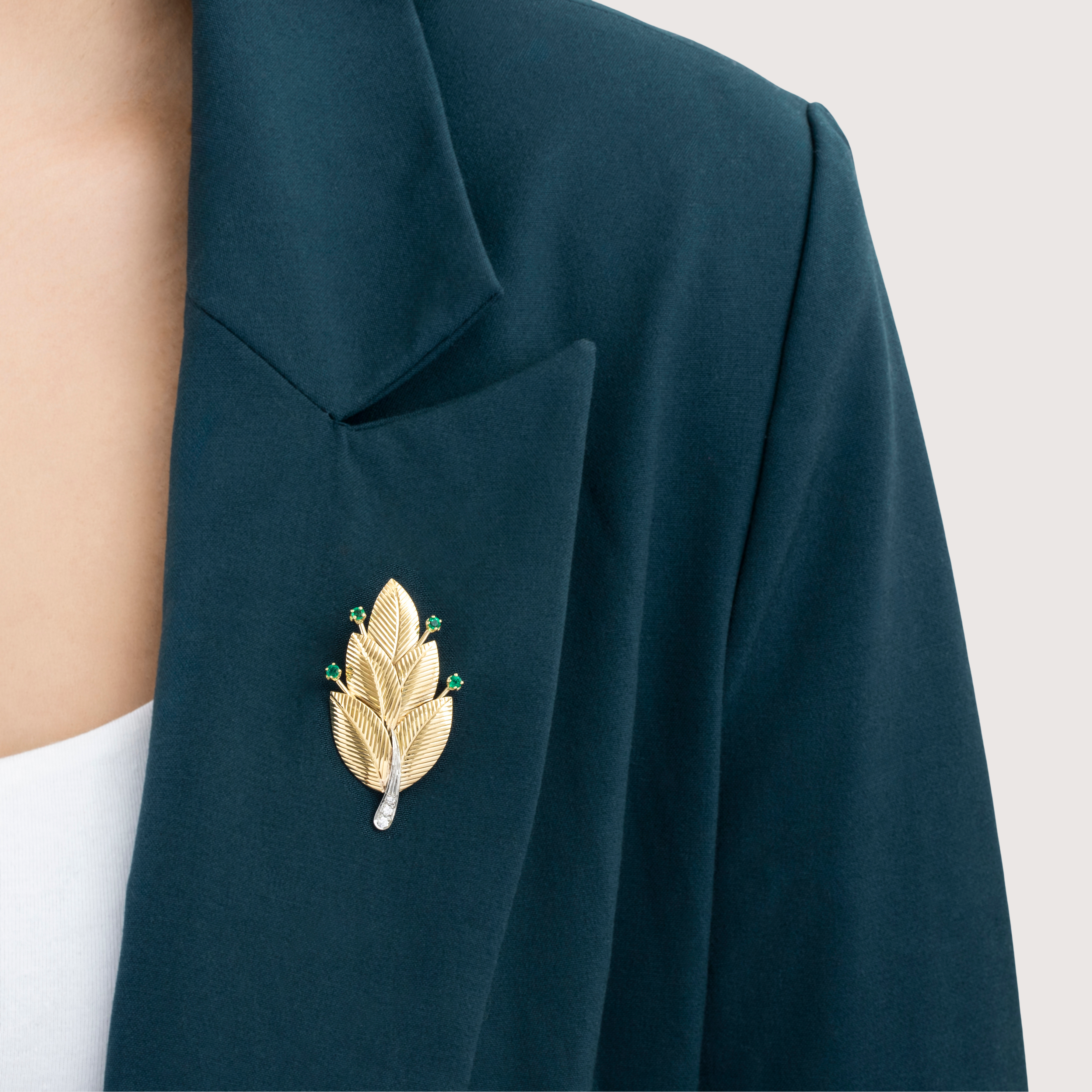 Vintage Large Tiffany & Co. 14k Yellow & White Gold Emerald Diamond Leaf Brooch、mySite、hinf8tx79