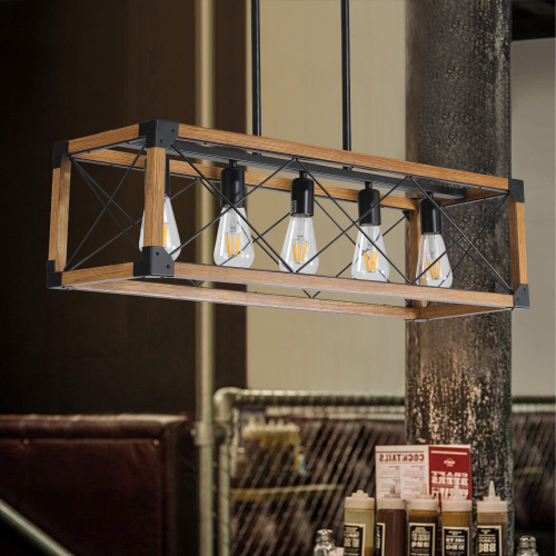 (Same as W1340P155968/L1011-RW) 32" Red Wood Industrial Farmhouse Rectangle Pendant Light, 5-Light Chandelier for Dining Room, Kitchen Island, Cafe Decor (No Bulbs)、、eastwooduniform
