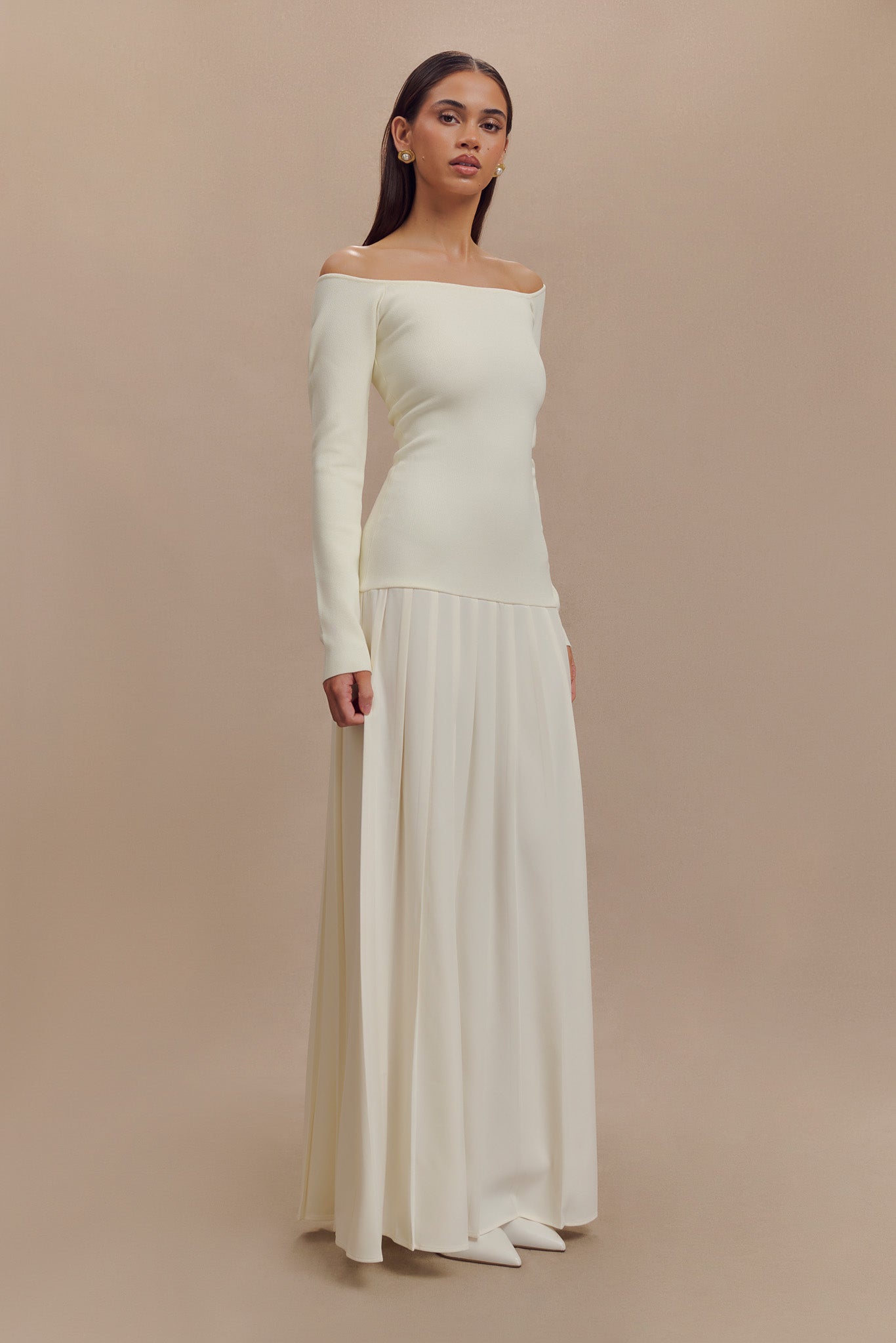 Presley Knit Off Shoulder Maxi Dress - Ivory、mySite、solidvoid
