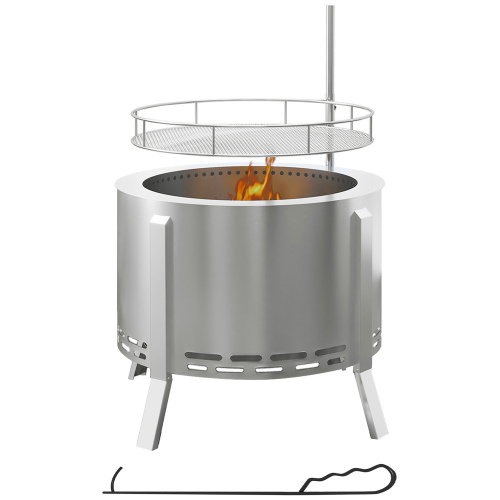 Outsunny 2-in-1 Smokeless Fire Pit, BBQ Grill, 19" Portable Wood Burning Firepit with Cooking Grate and Poker, Low Smoke Camping Bonfire Stove for Backyard Patio Picnic, Stainless Steel, Silver、、eastwooduniform