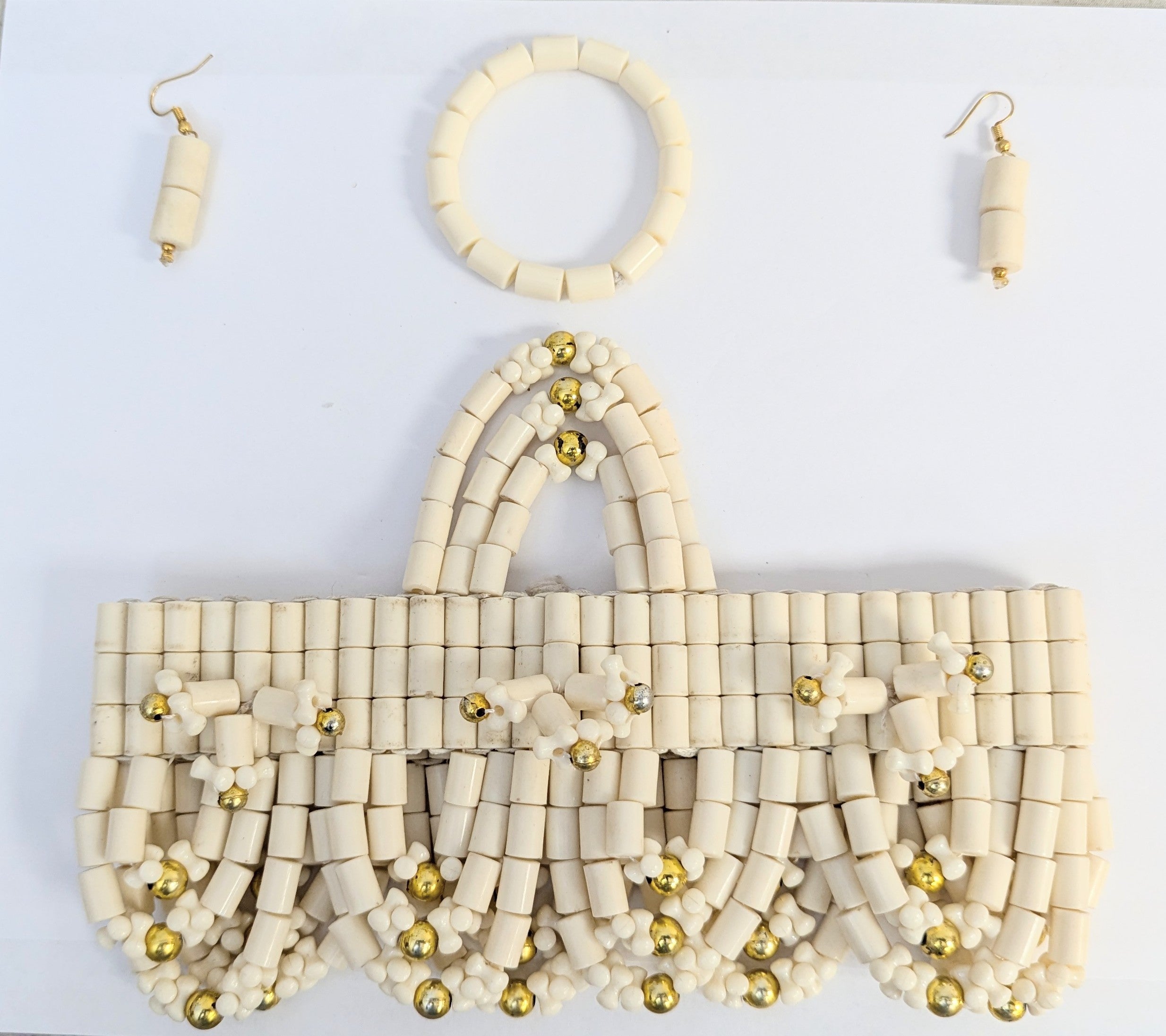 Dupsie's Kelechi Igbo Edo African Ivory and Gold Beaded Crown Bracelet and Earrings Set DPACNBI3、mySite、solidvoid