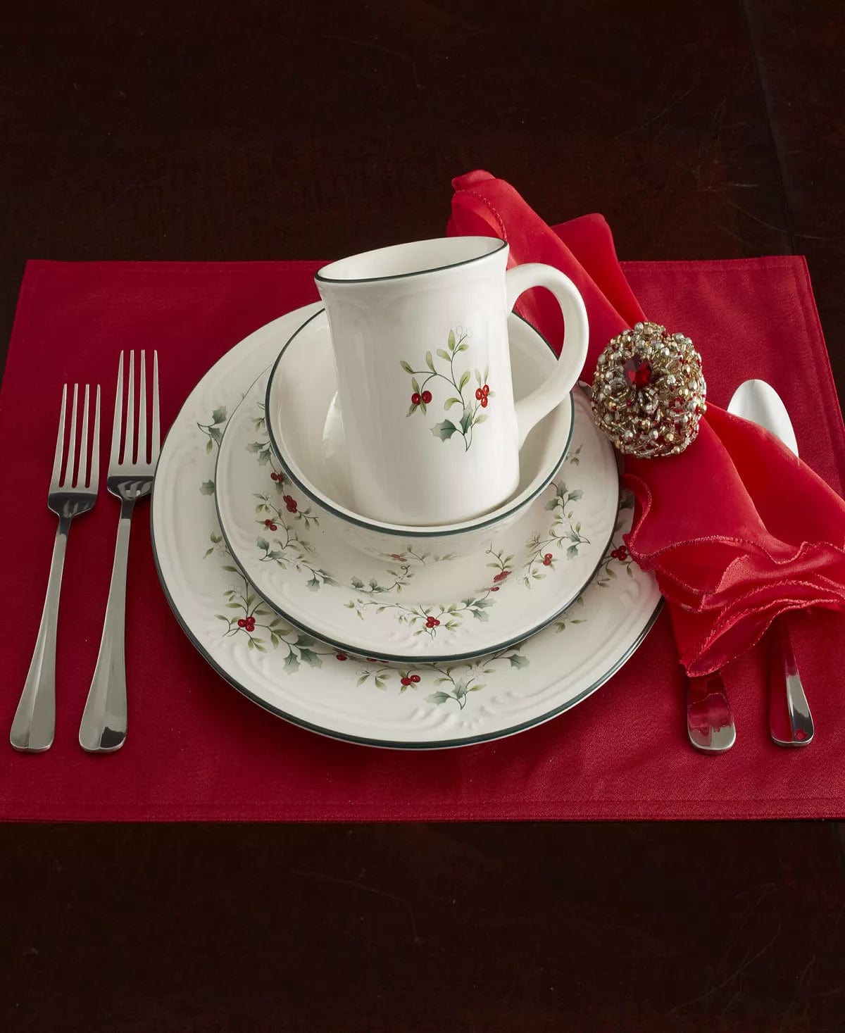 Pfaltzgraff Winterberry 16-Piece Dinnerware Set, Service for 4 Holiday Classic Collection、mySite、g9winljtr