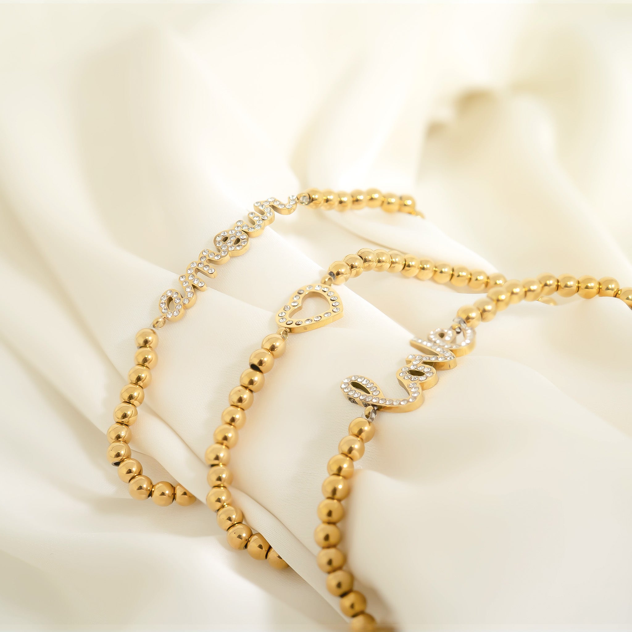 18K Gold PVD Stainless Steel Stone Heart Metal Beaded Stretch Bracelet / BRJ1016、mySite、dreamappss