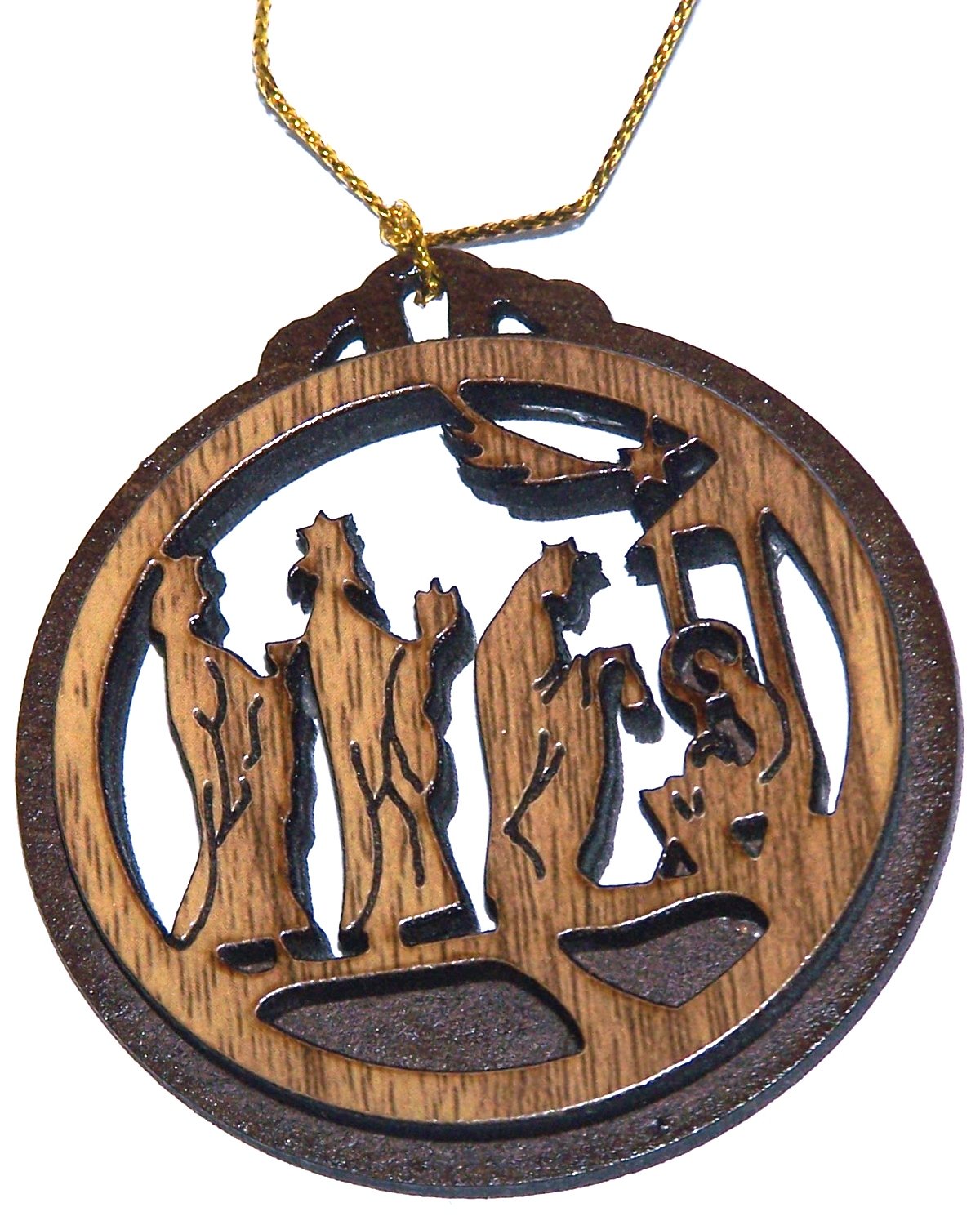  Holy Land Market Two Layers Mahogany with Olive Wood Magi offering Gifts to The New Born Messiah Ornament Gift Carved by Laser - Olive Wood (6.5 cm or 2.6 inch with Certificate) and Gold String、mySite、elrpsem3k