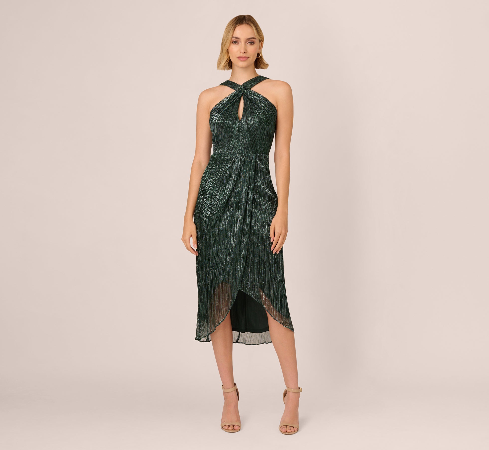 Metallic Knit Halter Midi Dress With Wrap Skirt In Green Pine、mySite、solidvoid