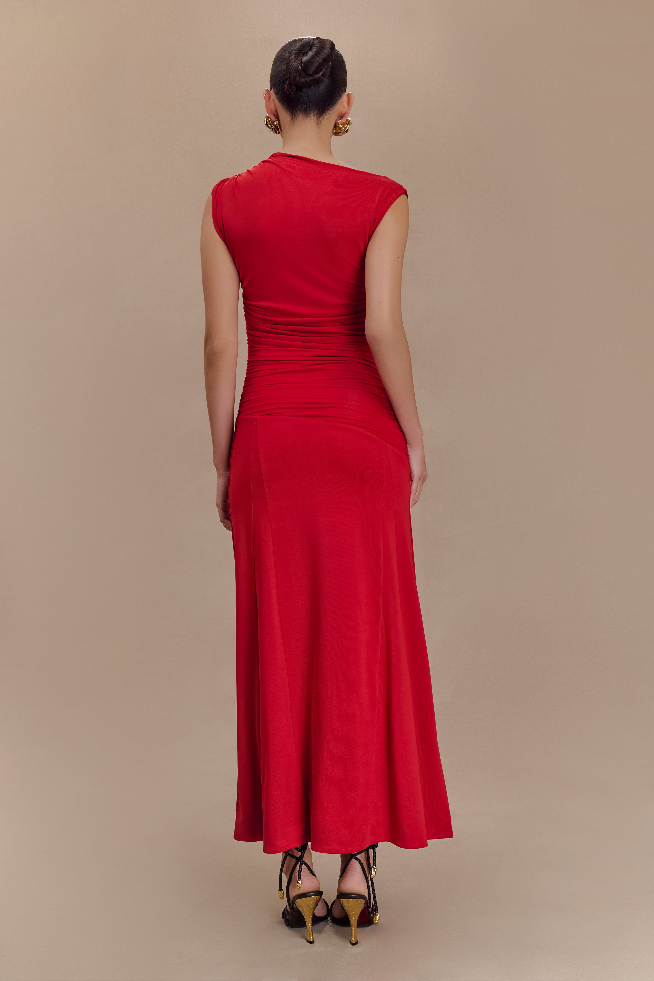 Navanna Asymmetric Slinky Midi Dress - Red、mySite、solidvoid