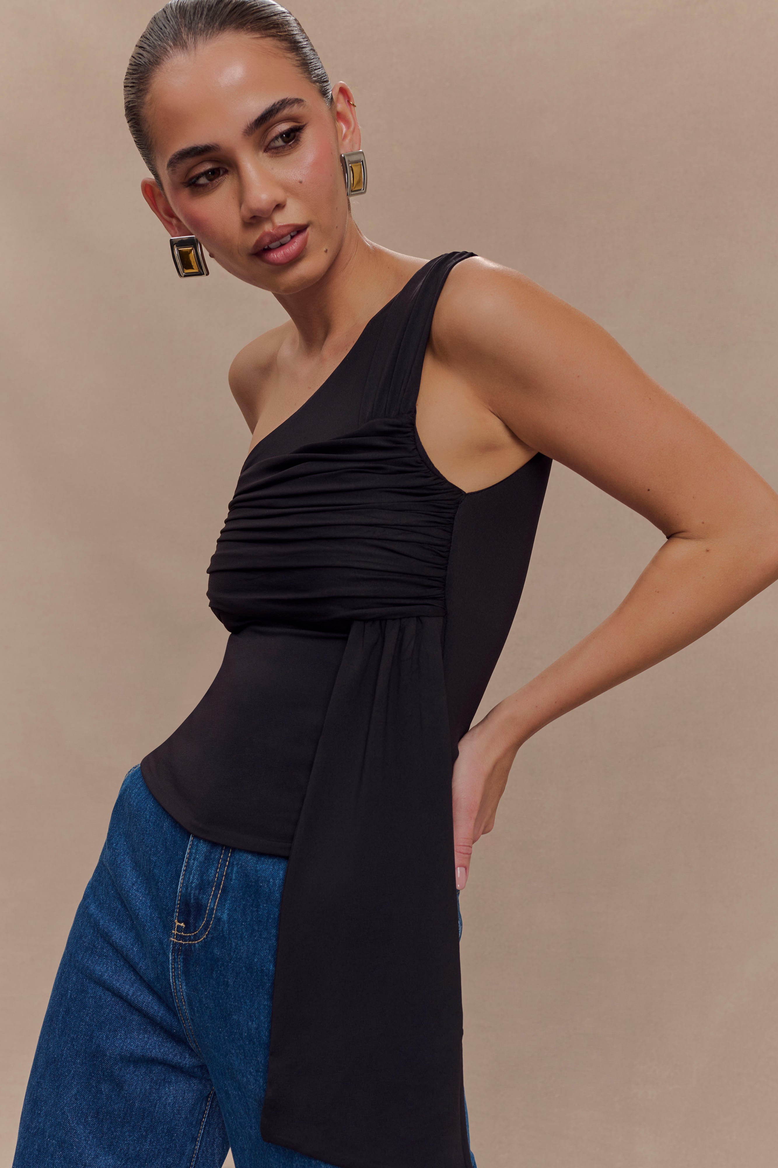 Sera One Shoulder Recycled Nylon Top With Drape - Black、mySite、solidvoid