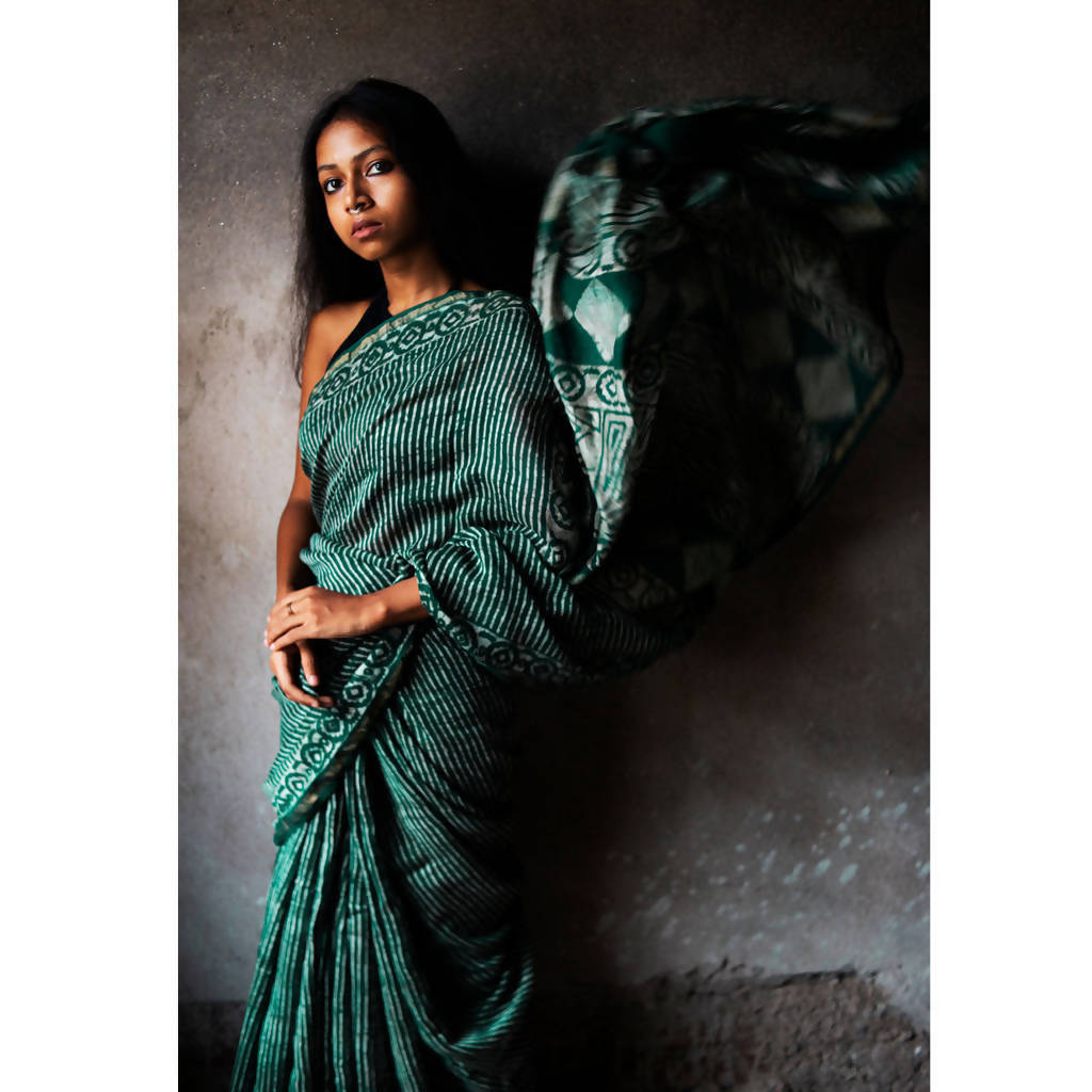 Natural Dyed Dabu Printed Chanderi Saree | Green、mySite、camillekostekn