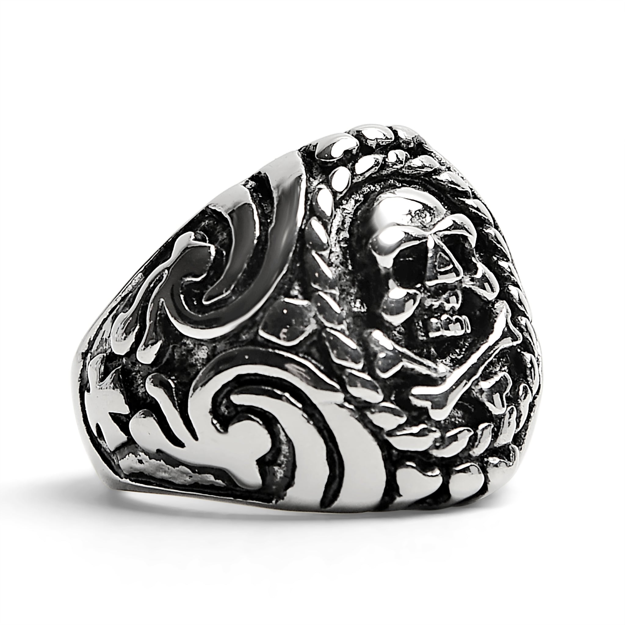 Polished Skull And Crossbones With Ocean Pattern Stainless Steel Ring / SCR1001、mySite、dreamappss