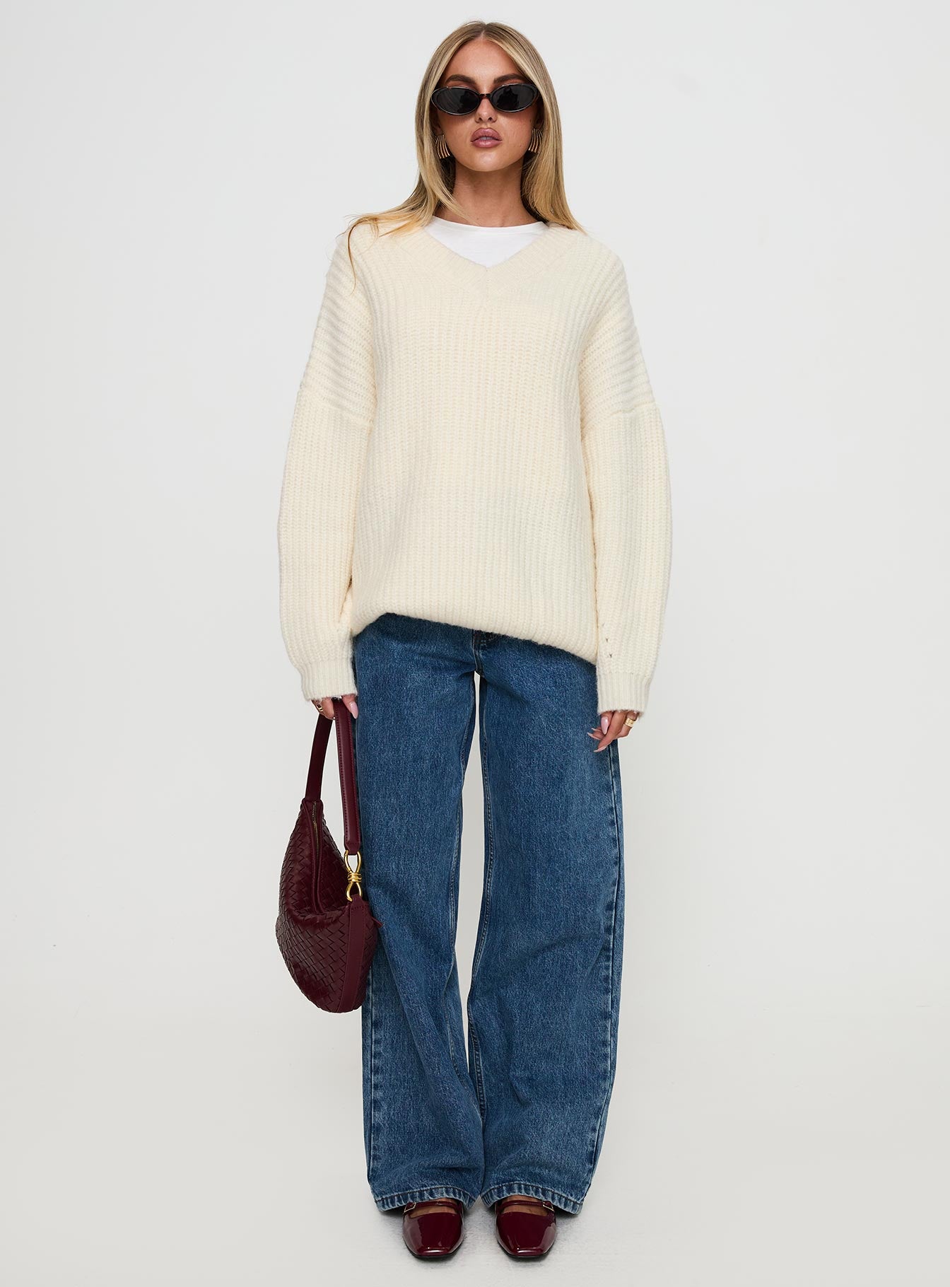 Have It All V Neck Knit Sweater Cream、mySite、solidvoid