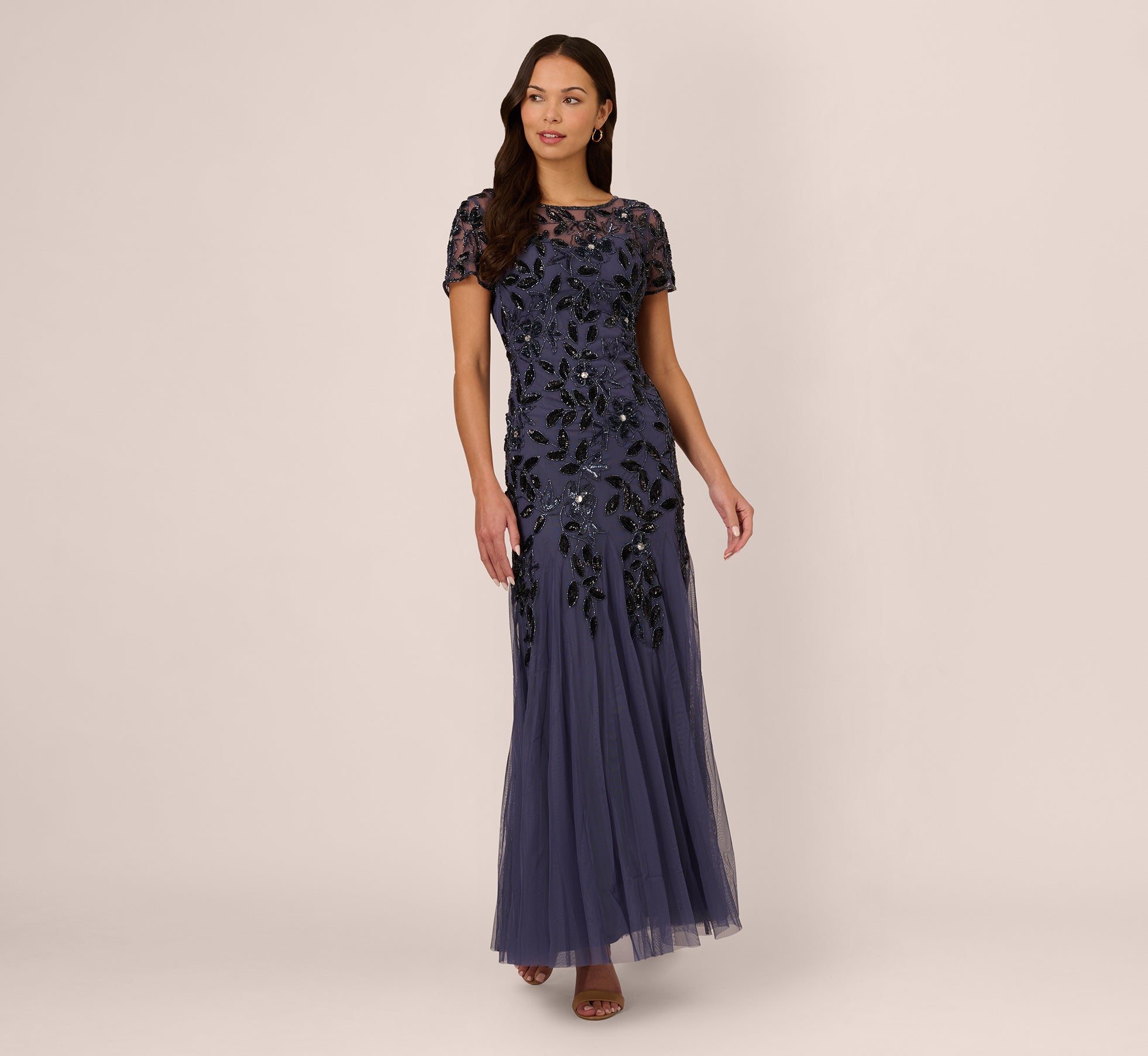 Hand Beaded Short Sleeve Floral Godet Gown In Smoky Peri、mySite、solidvoid