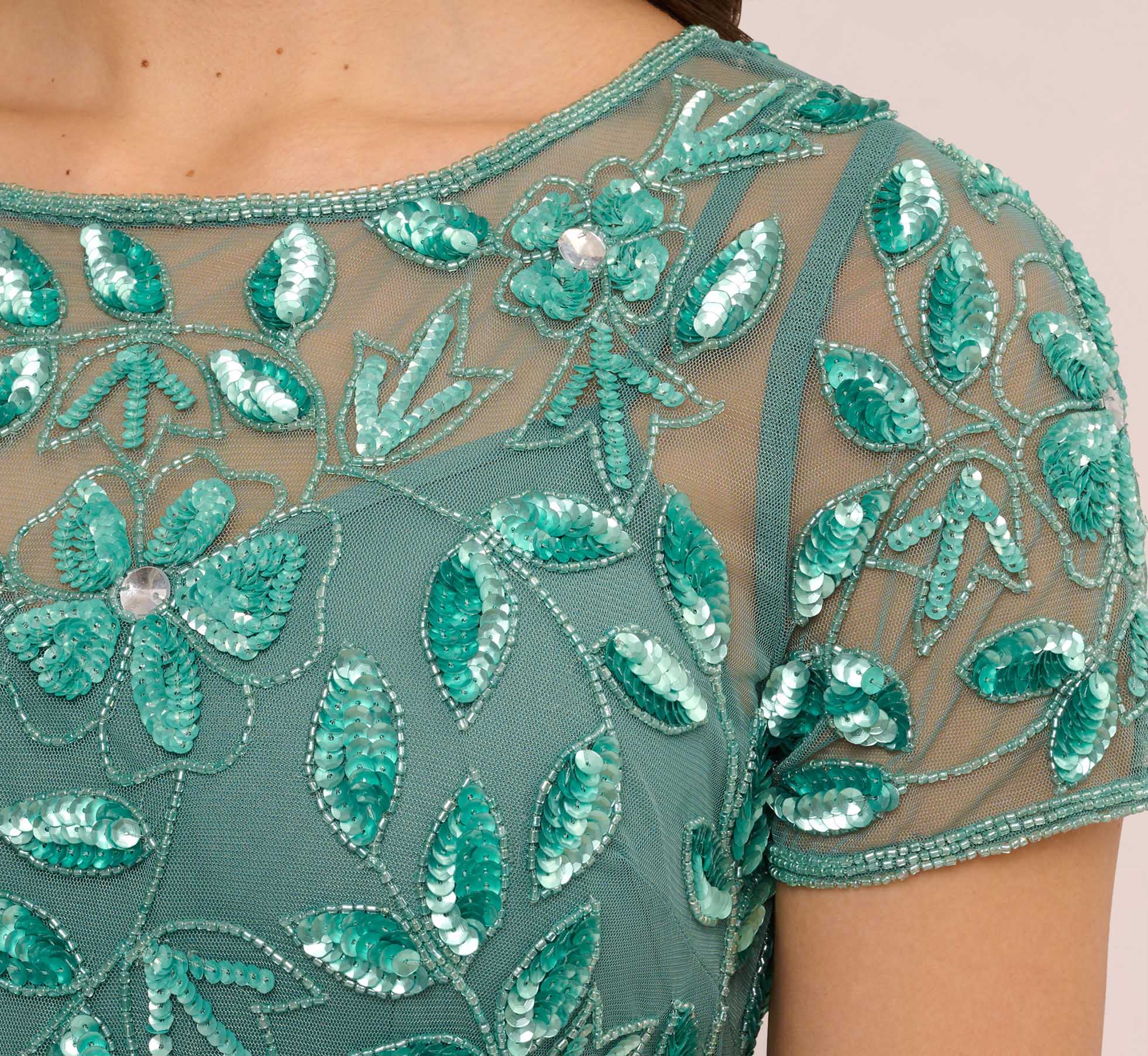 Hand Beaded Short Sleeve Floral Godet Gown In Green Slate、mySite、solidvoid