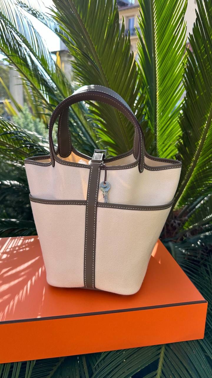 Hermès Sac Picotin Lock 18 Pockets Toile Goéland/veau swift Couleur: Écru/Etoupe、mySite、garminoutage.com