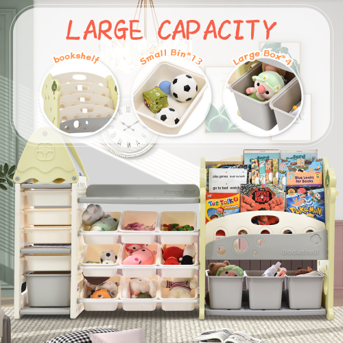 Kids Bookshelf Toy Storage Organizer with 17 Bins and 5 Bookshelves, Multi-functional Nursery Organizer Kids Furniture Set Toy Storage Cabinet Unit with HDPE Shelf and Bins、、casual