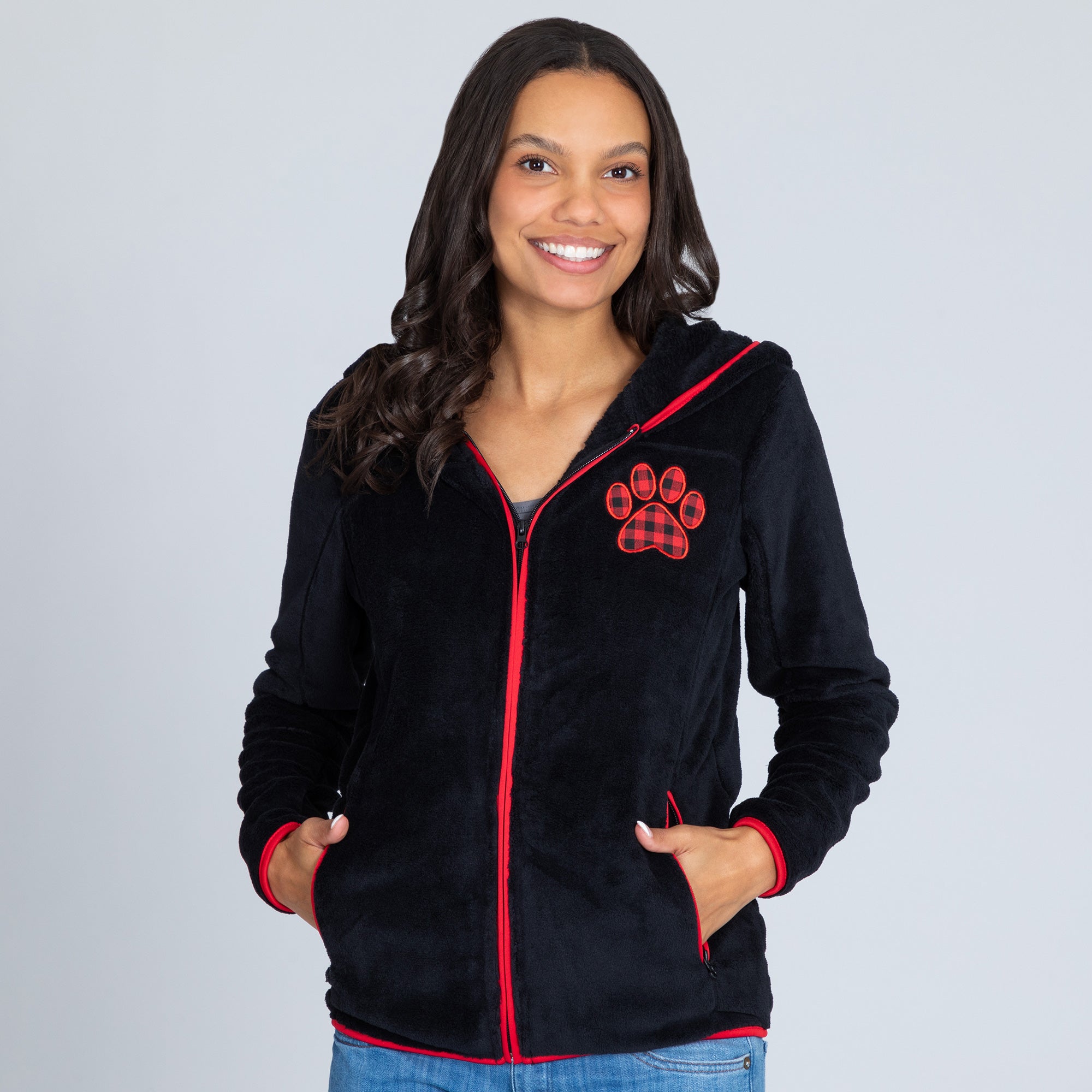 Buffalo Check Paw Print Plush Sherpa Hooded Jacket、mySite、camillekostekn