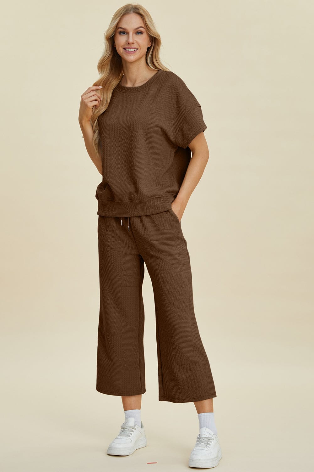 Double Take Full Size Texture Round Neck Top and Pants Set、mySite、camillekostekn