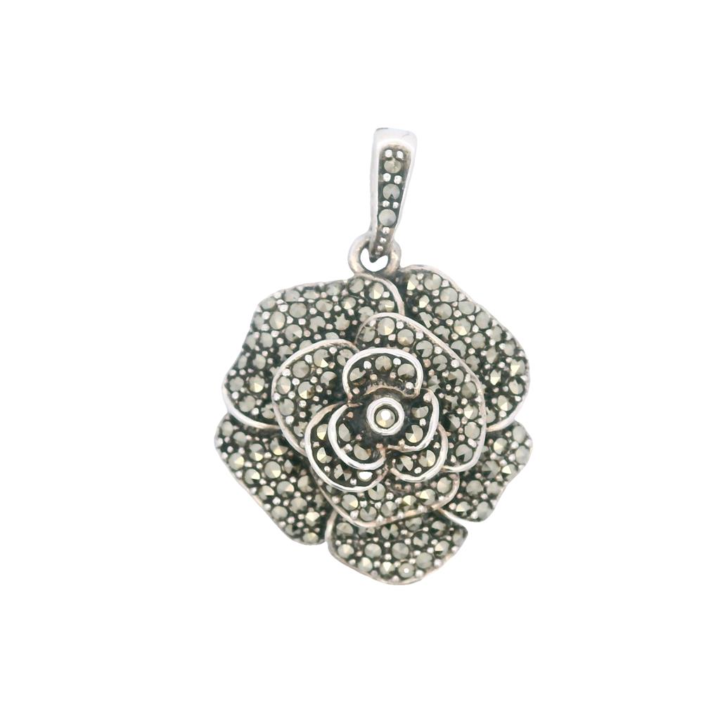  Estate Sterling Silver Marcasite Flower Pendant
