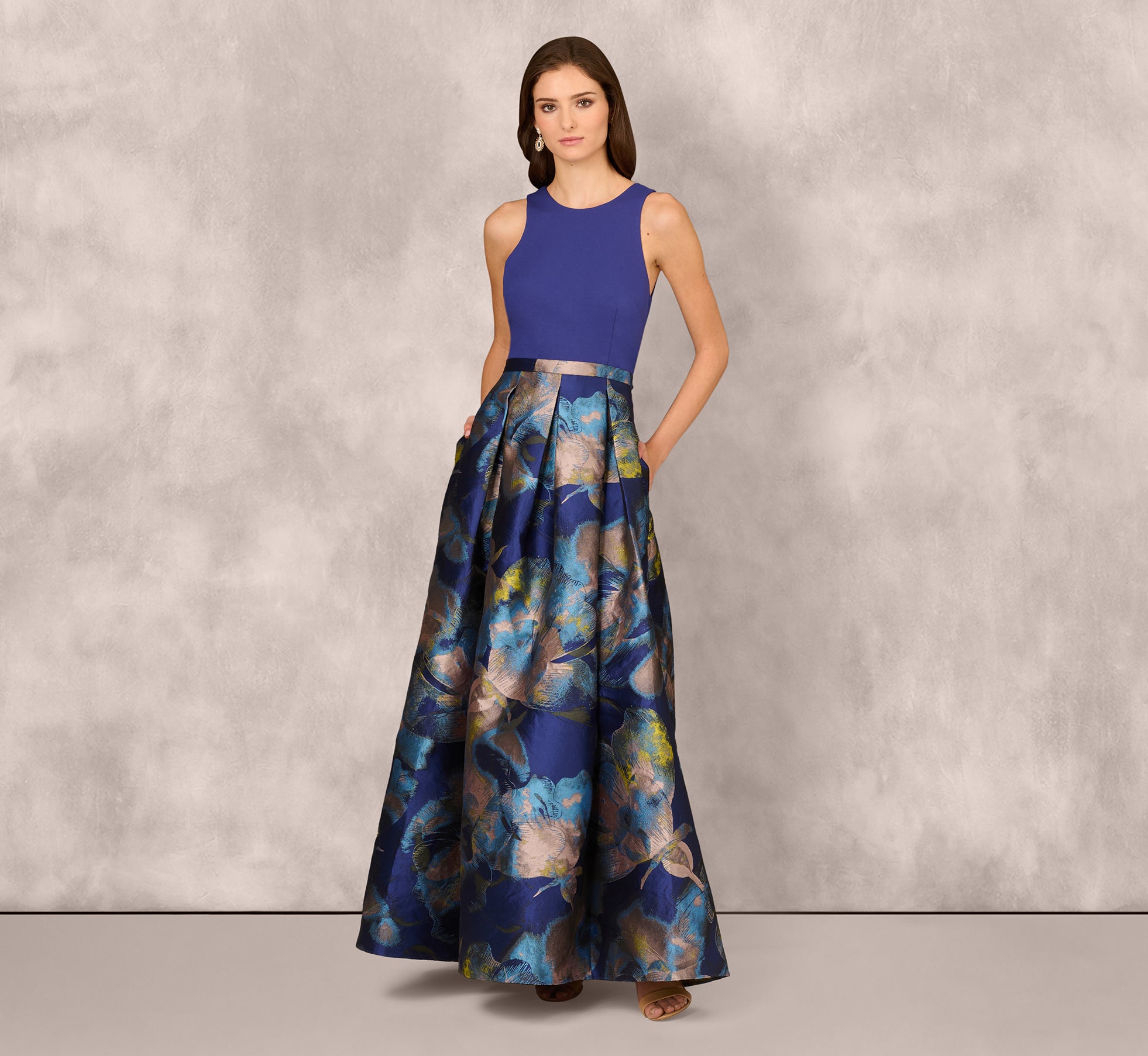 Sleeveless Floral Jacquard Combo Ballgown In Blue Yellow Multi、mySite、solidvoid
