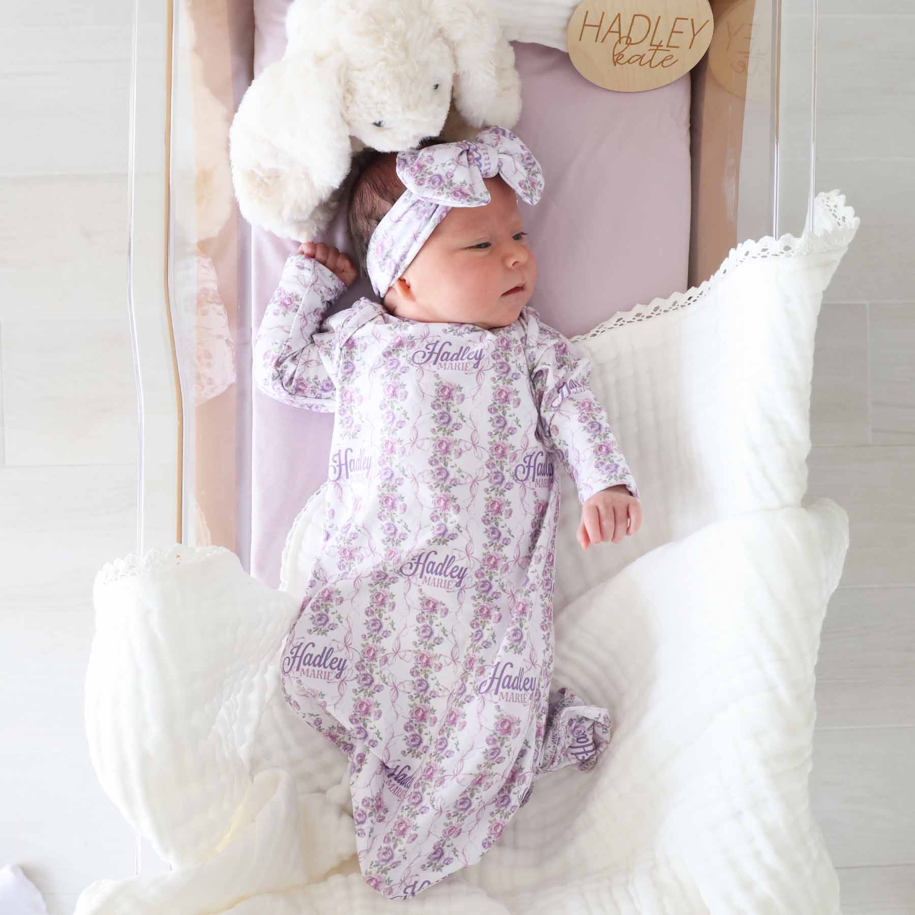  Violet Vines Personalized Newborn Baby Knot Gown、mySite、layawaytickets