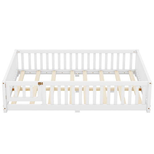 Twin Size Bed Floor Bed with Safety Guardrails and Door for Kids, Natural(Old SKU: W158090686)、、casual