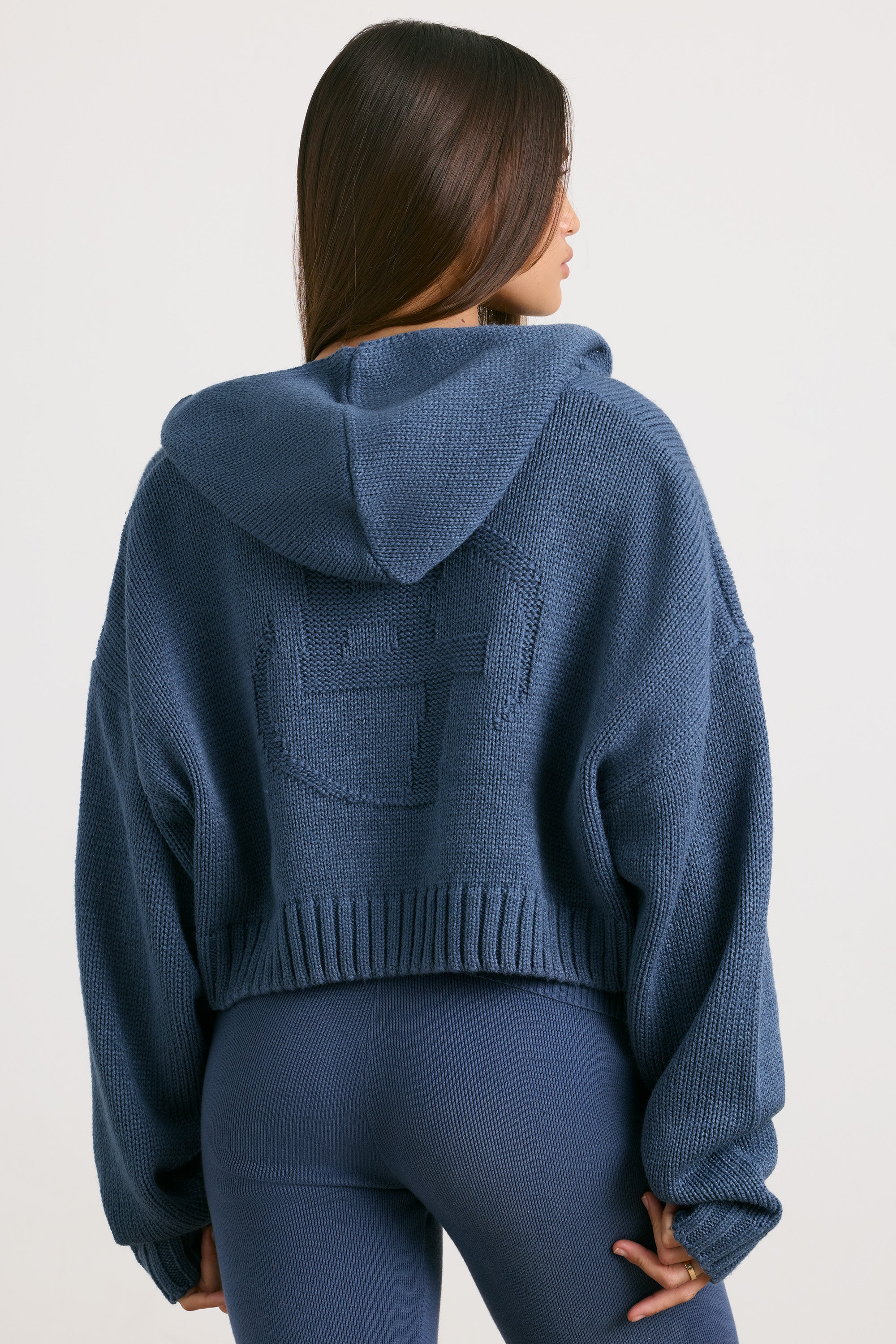 Cropped Zip Up Chunky Knit Hoodie in Washed Navy、mySite、solidvoid