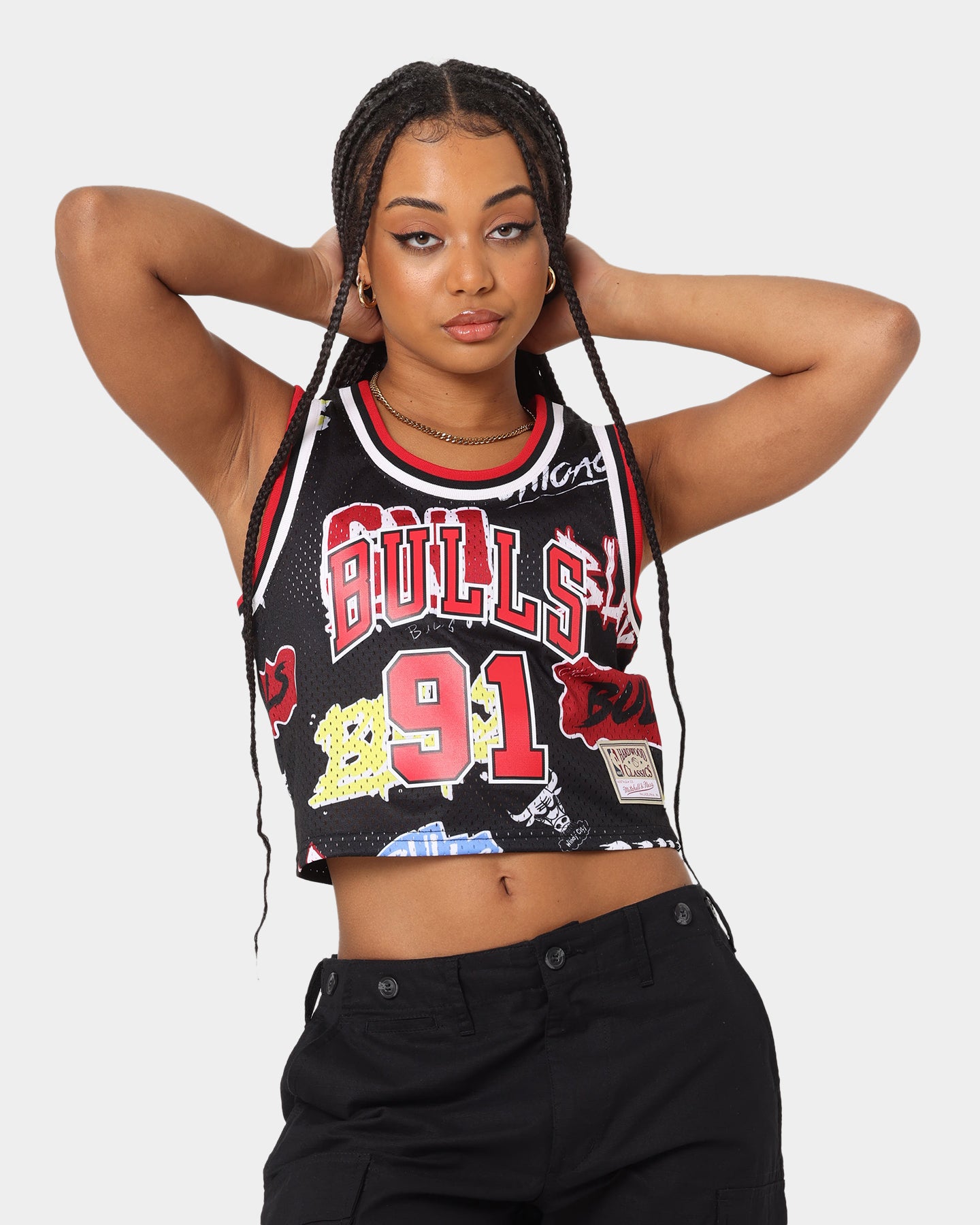 Mitchell & Ness Women's Dennis Rodman Chicago Bulls Slap Sticker Crop Tank Jersey Black、mySite、zt4zffjzw