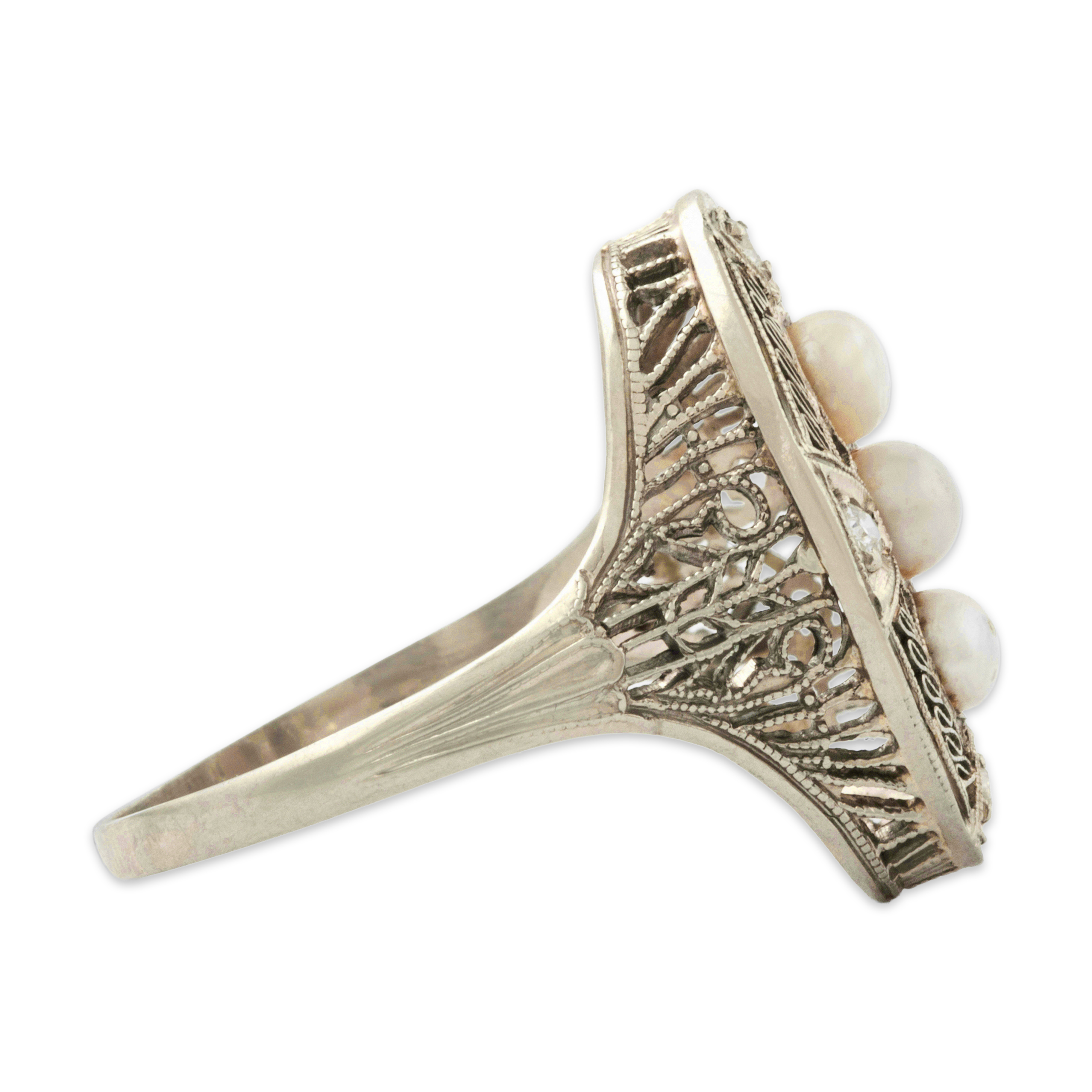 Antique Art Deco 18k White Gold Pearl Diamond Elegant Openwork Ring 6.75、mySite、hinf8tx79