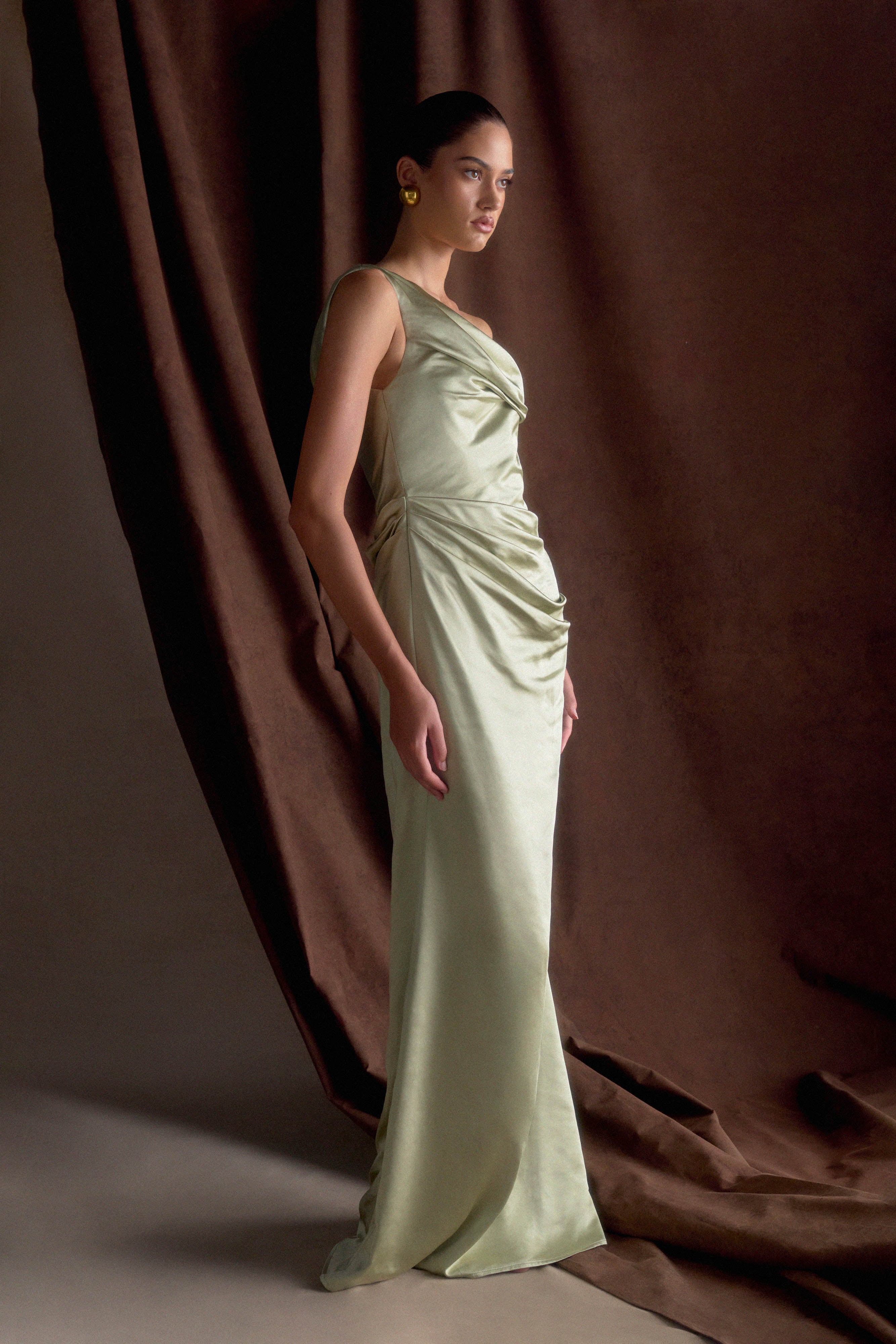 Dalia Off Shoulder Satin Maxi Dress - Sage、mySite、solidvoid
