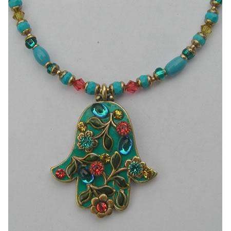 Michal Golan Green Swarovski Crystal and Glass Hamsa Necklace、mySite、topwebapps