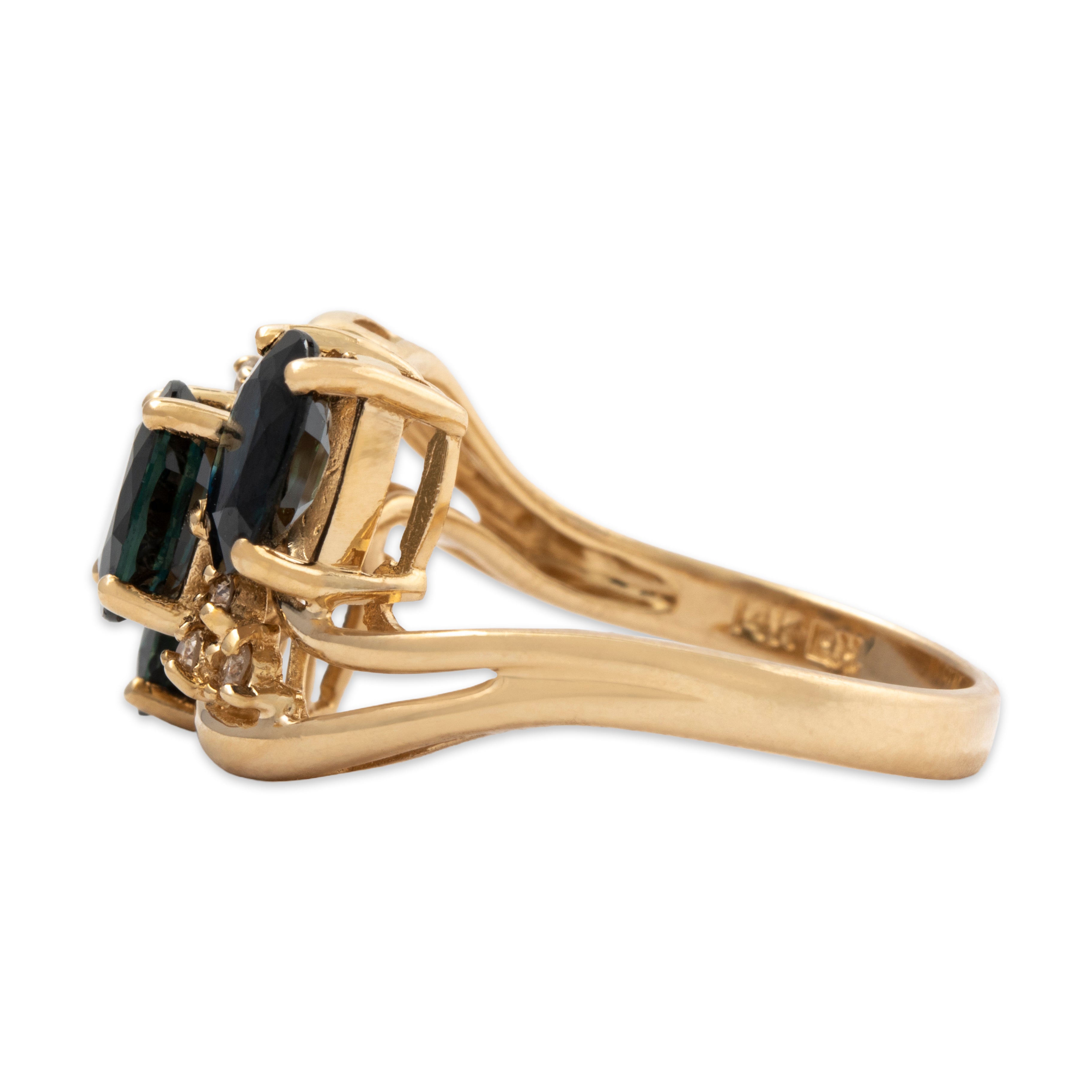 Vintage 14k Yellow Gold 2.8cttw Blue Sapphire Diamond Bypass Trio Ring 7.00、mySite、hinf8tx79