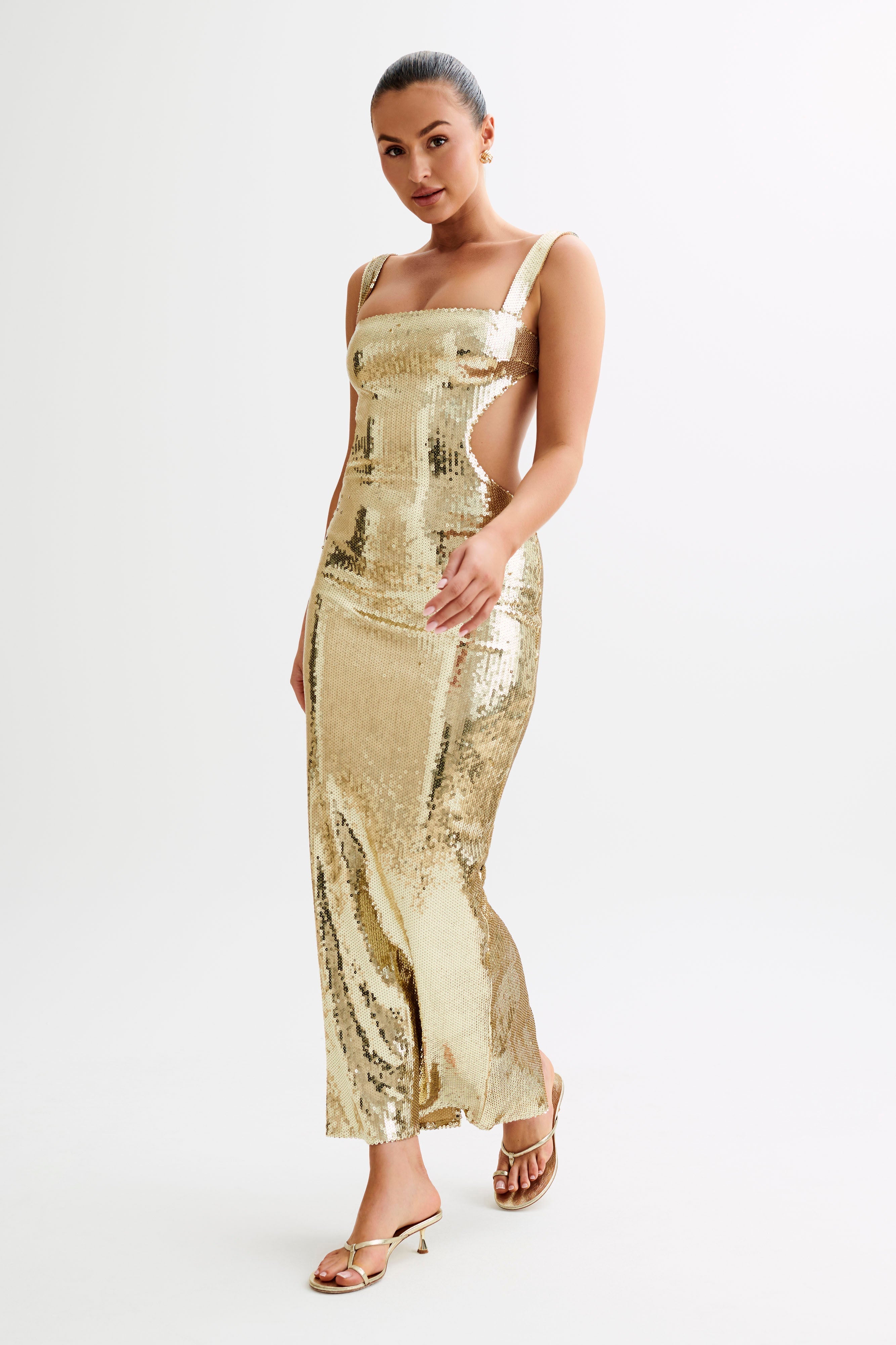 Adoria Sequin Cut Out Maxi Dress - Gold、mySite、solidvoid
