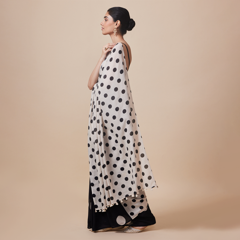 Linen Solid Saree with Blouse | Polka Dots | Ivory、mySite、camillekostekn
