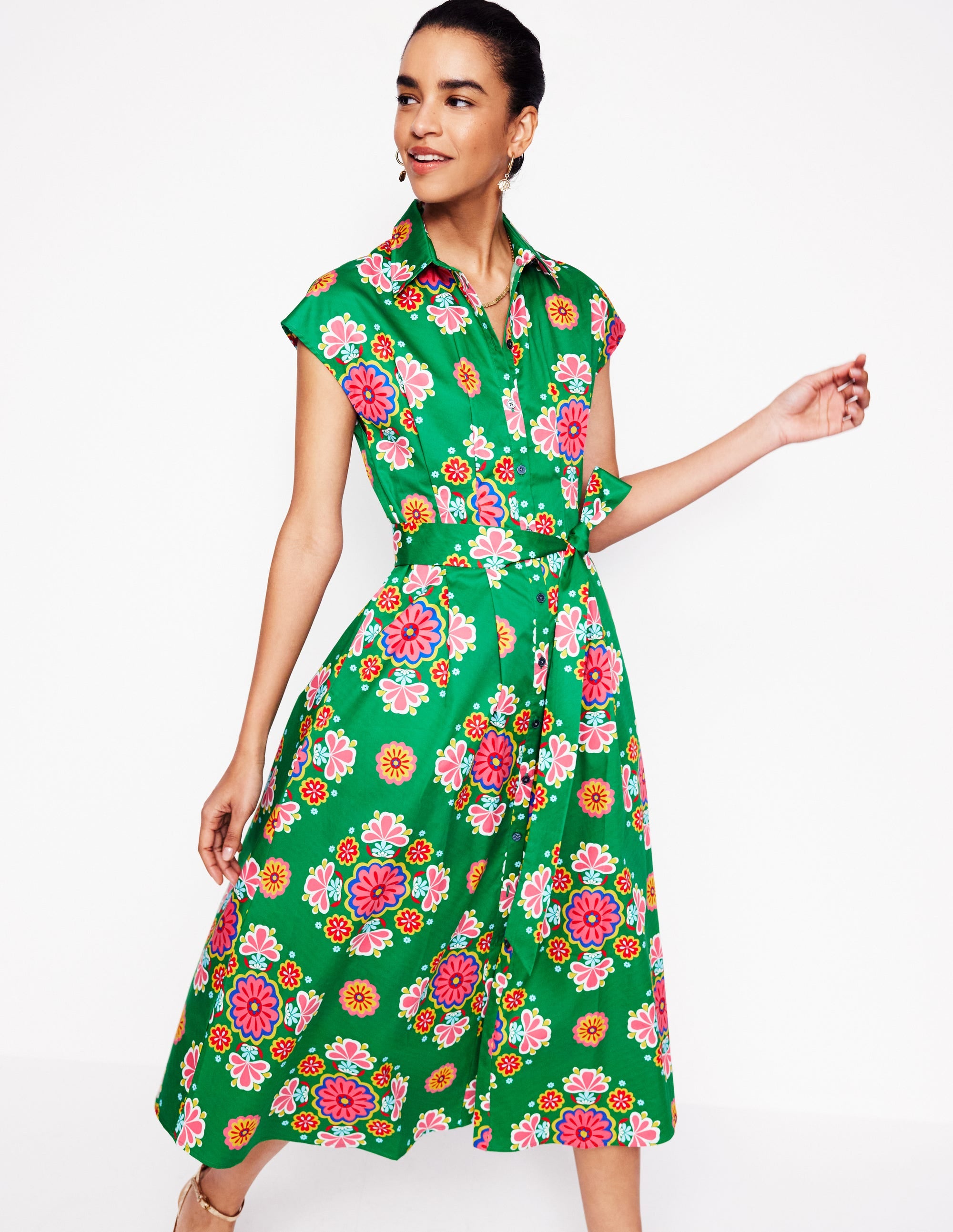  Rachel Cotton Midi Shirt Dress-Rich Emerald, Meadow Posy、mySite、ashleygrahame