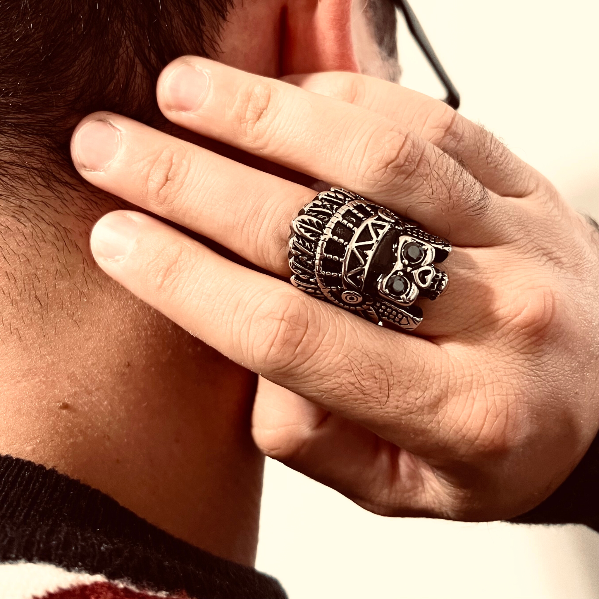 Stainless Steel Black CZ Eyed Native American Chief Skull Ring / SCR4011、mySite、dreamappss
