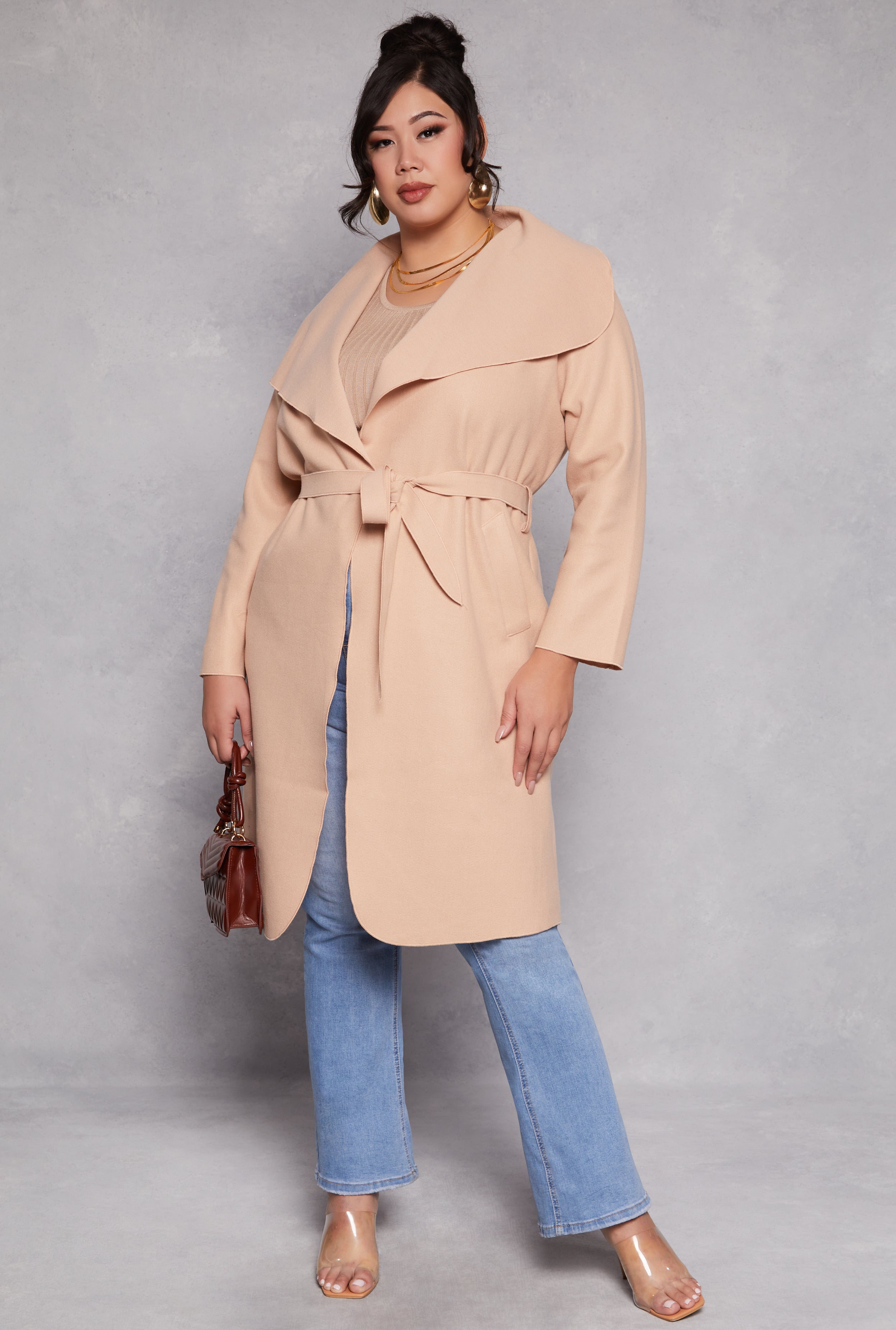 Plus Size Waterfall Collar Wrap Coat、mySite、camillekostekn