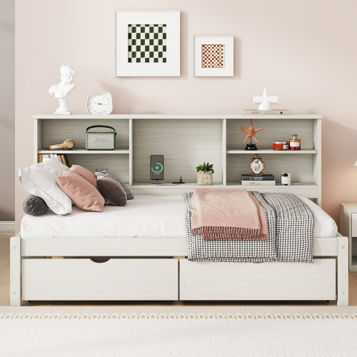 Twin Size Bed Frame With Side Bookshelves, Two Drawers, And Built-in USB Port For Natural Color、、xpatfood