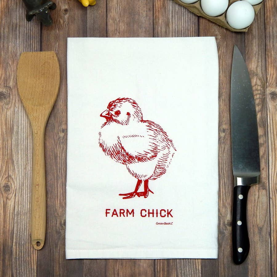 Farm Chick Handprinted White Flour Sack Tea Towel with Hanging Loop、mySite、g9winljtr